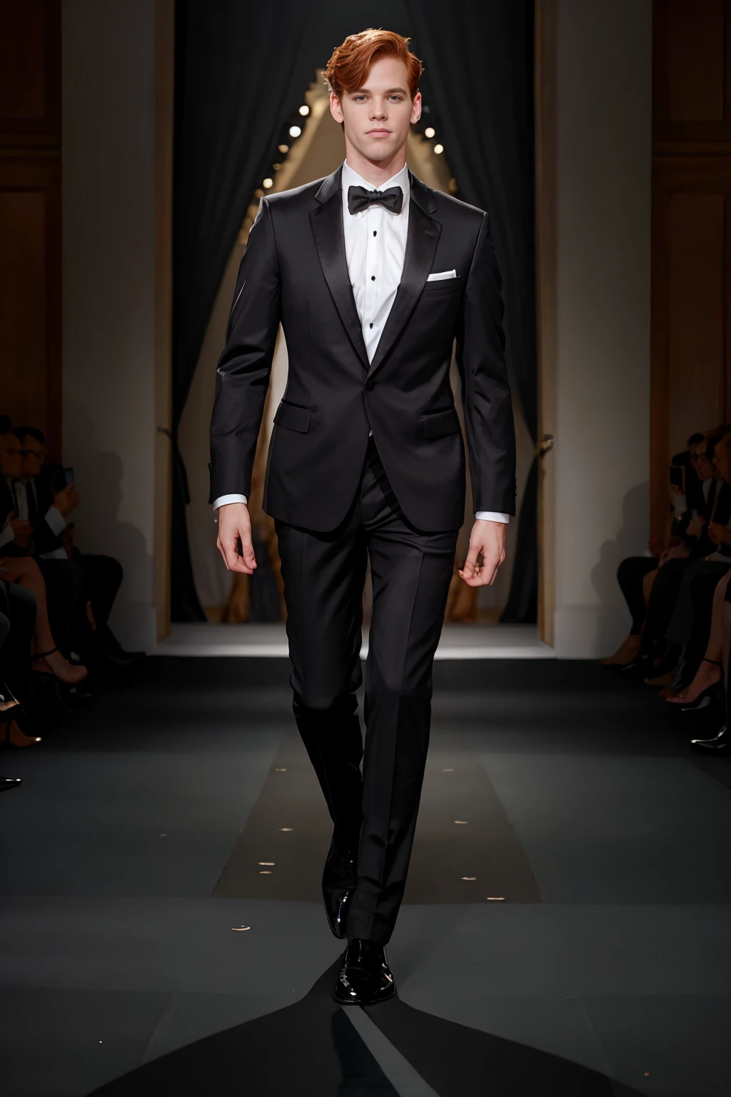 New York fashion show, (walking down fashion runway), auburn hair, ChrisWhite wearing black TUX3D0 outfit, (((full body portrait))), (full body), wide angle, seated crowd of people watching  <lora:ChrisWhite:0.8>   <lora:TUX_LoRA_V1:0.75>