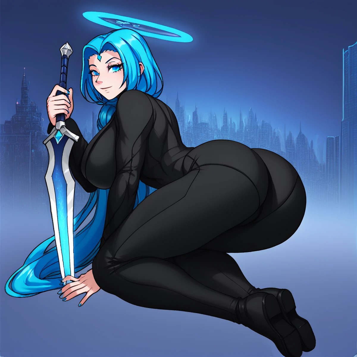 a cartoon picture of (Saint Hedvig Nussbaum in black suit), with (long blue hair), outside, full body, a detailed drawing, big breasts, city at night,
 <lora:Saint_Hedvig_Nussbaum:1>, <lora:JMG style PonyXL:1.65>, score_9, score_8_up, score_7_up, score_6_up,source, blue eyes, curvy, glowing blue halo, holding giant sword, slight smile, full body, from behind, ass,