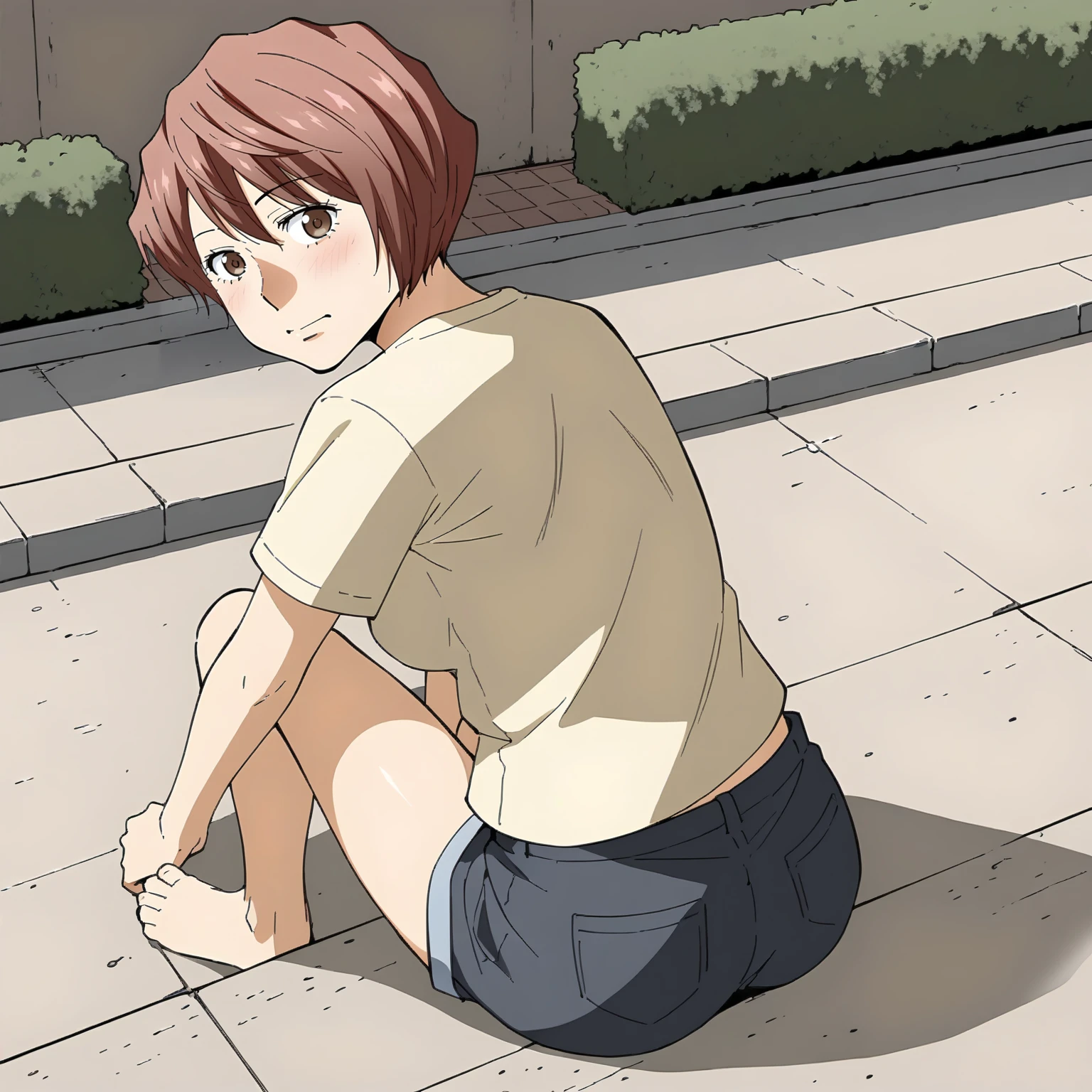 <lora:KZ_TakeuchiXLpony001>,
solo,
Takeuchi,1girl,red hair,short hair,brown eyes,
medium breasts,
shirt,short_sleeves,
shorts,
outdoors,
full body,sitting,looking back,