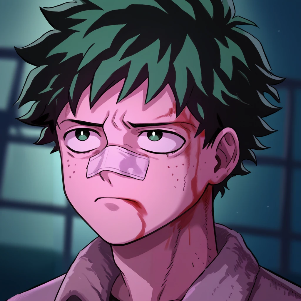 score_9, score_8_up, score_7_up, score_6_up, score_5_up, score_4_up, zPDXL2,source_anime,rating_questionable, 1boy, midoriya izuku, deku, eyebags, tired, angry, <lora:Blade_Runner_Meme:1> Blad3Runner, closed mouth, portrait, blood on face, bandaid on nose, bandaid on face,blurry background, pink lighting,night, dark