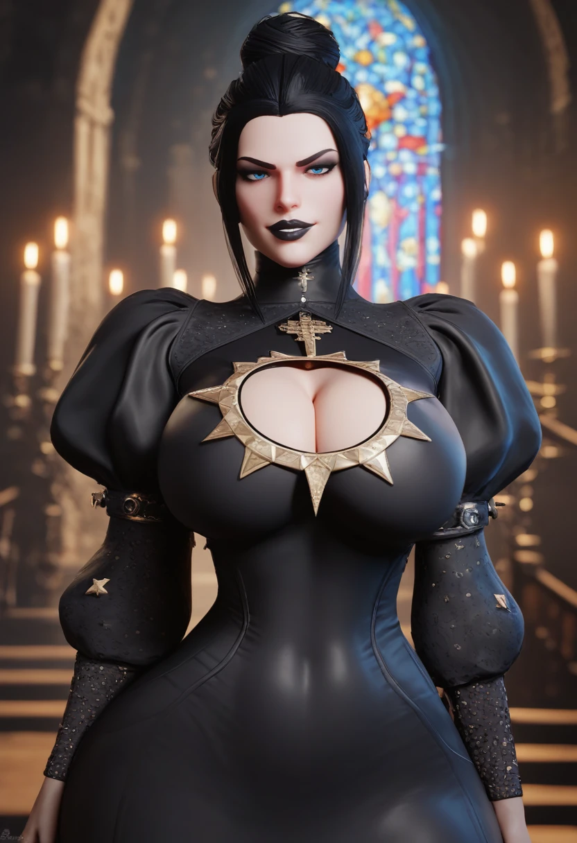 score_9, score_8_up, score_7_up, blender_(medium)
1girl, solo, <lora:TEYSA:0.9> black hair, lipstick, black lips, gold jewellery, blue eyes, goth, hair bun, 
cleavage cutout, breast cutout, curvy, thick thighs, lips, detailed face, wide hips, plump, black leather dress, puffy sleeves, stripe sleeves,
smug, stern, smirk, fierce, portrait, face focus, 
<lora:Smooth Anime 2 Style SDXL_LoRA_Pony Diffusion V6 XL:1>
depth of field, blurry background, blurry foreground, church, cathedral, candles,