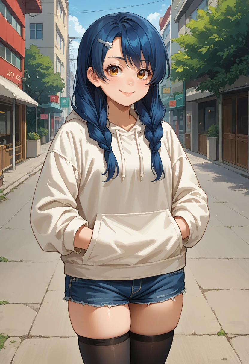 score_9, score_8_up, source_anime, 1girl, solo, MegumiTadokoro, long hair, twin braids, hairclip, white hoodie, denim shorts, black thighhighs, skindentation, hands in pockets, outdoors, smile, smug, <lora:ChamMegumiTadokoroPonyXL:1>