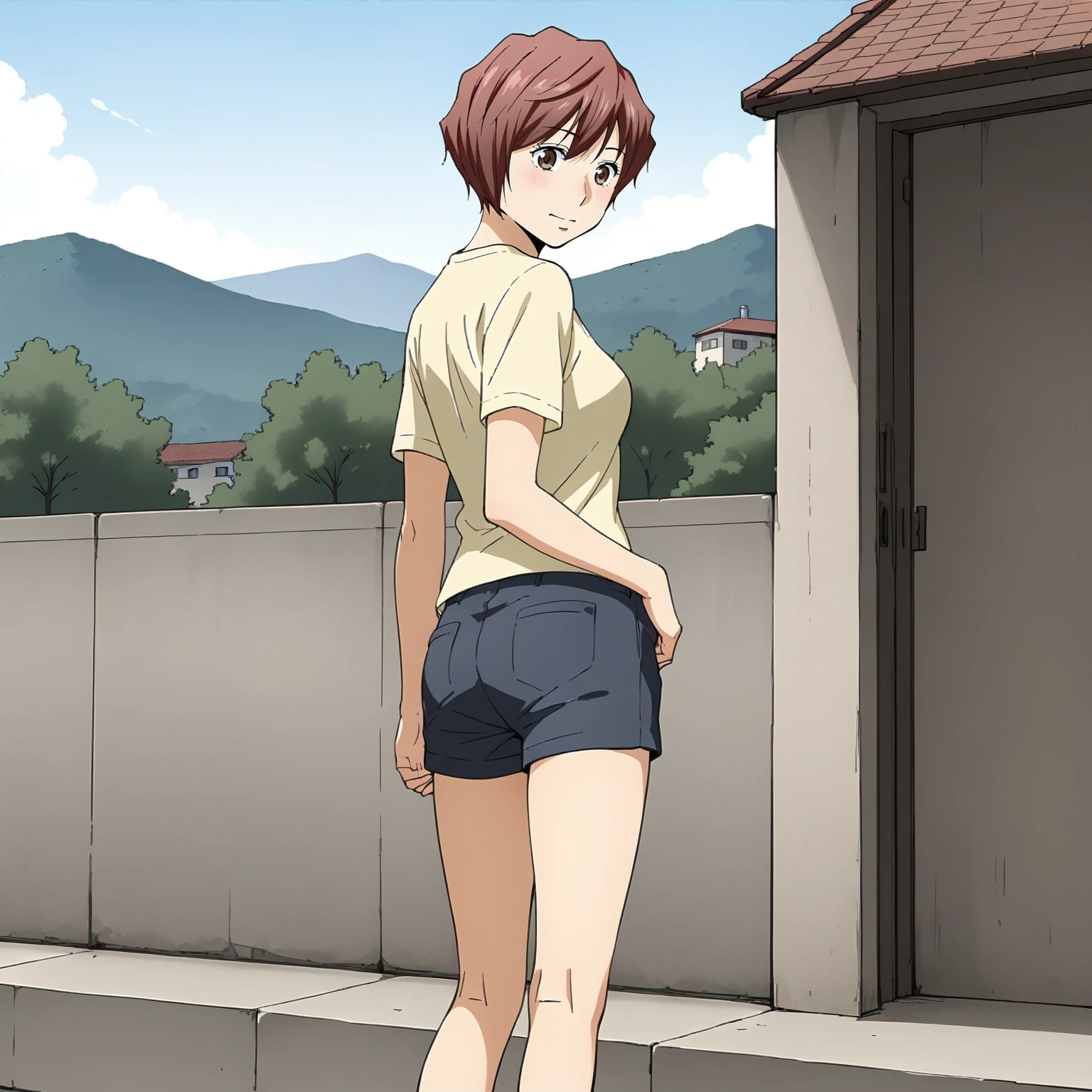 <lora:KZ_TakeuchiXLpony001>,
solo,
Takeuchi,1girl,red hair,short hair,brown eyes,
medium breasts,
shirt,short_sleeves,
shorts,
outdoors,
full body,standing,looking back,