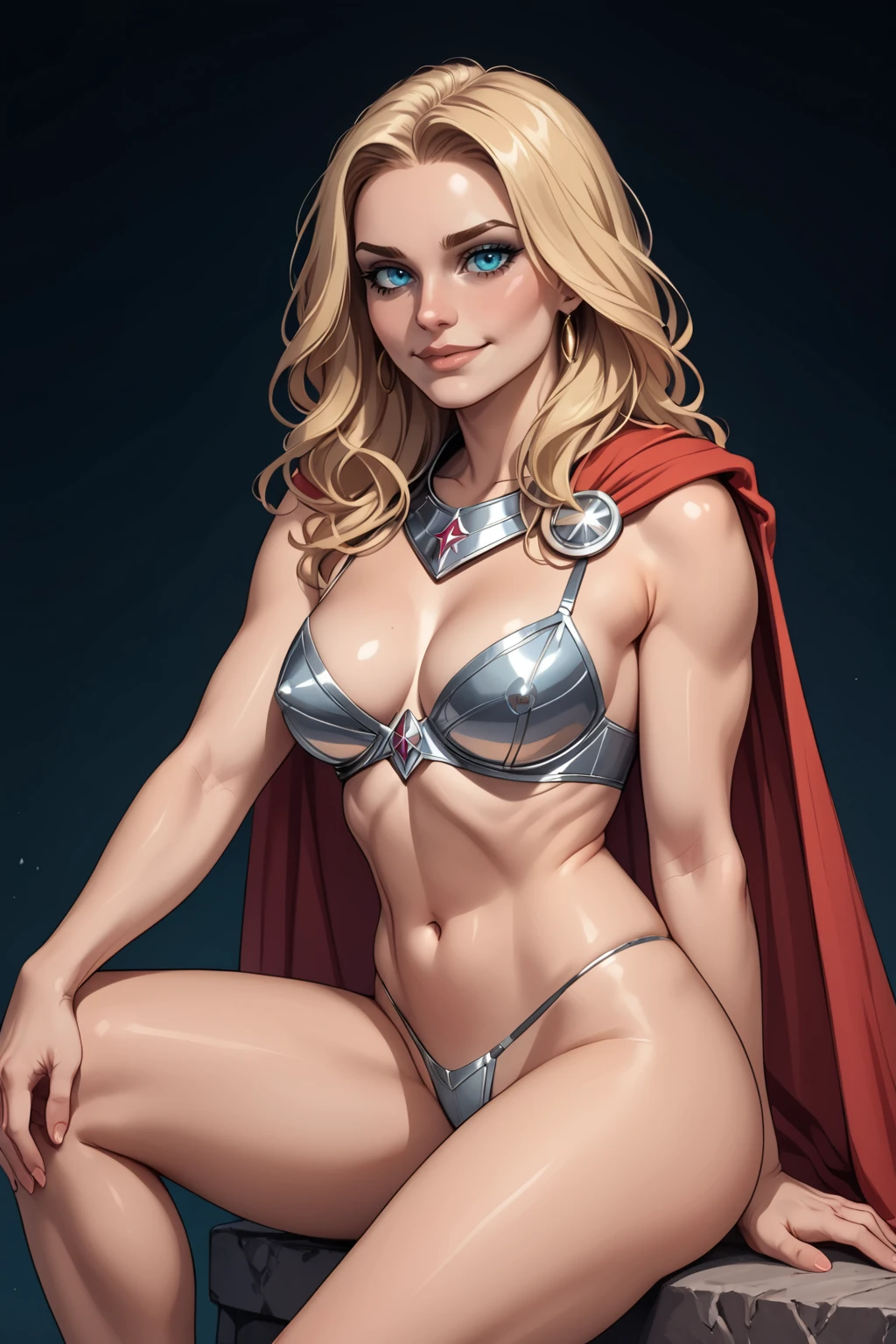 <lora:Jane_Foster_PDXL_spamb0t:0.8>,Marvel_Jane_Foster 
BREAK long blonde hair 
BREAK armor bikini, midriff, navel 
BREAK red cape 
BREAK nipples, pussy, blonde pubic hair, ass, anus
BREAK sultry,seductive,sexually suggestive,sitting cross-legged, hands on knees, back straight 
BREAK seen from side, medium full shot 
BREAK bashful smile with flushed cheeks 
BREAK high quality,film grain,cinematic lighting,volumetric lighting,modeling shoot 
BREAK (hyper detail,insanely detailed,best quality,masterpiece,photorealistic:1.3)