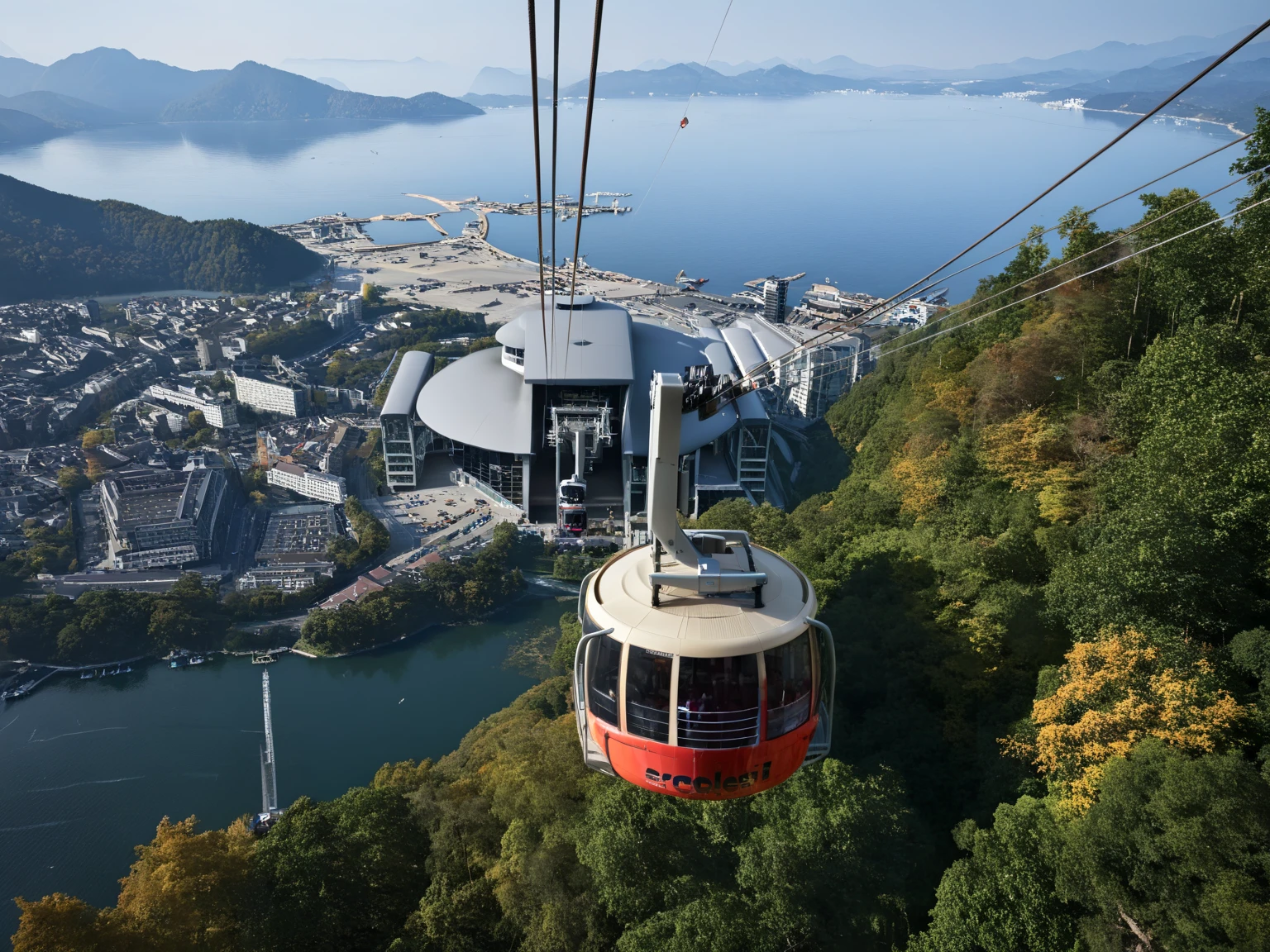 cinematic photo <lora:JJsCableWay_XL:1>, (((Cable Way))), ((building  )), ((vehicle hanging on rope)),  termianal station on the mountain, curvy, sky,  glass, post, masterpiece , best quality, high quality,outdoors, road, tree, scenery, real world location, enough detail, high resolution, super realistic, Photorealistic,  city, lake, day, . 35mm photograph, film, bokeh, professional, 4k, highly detailed