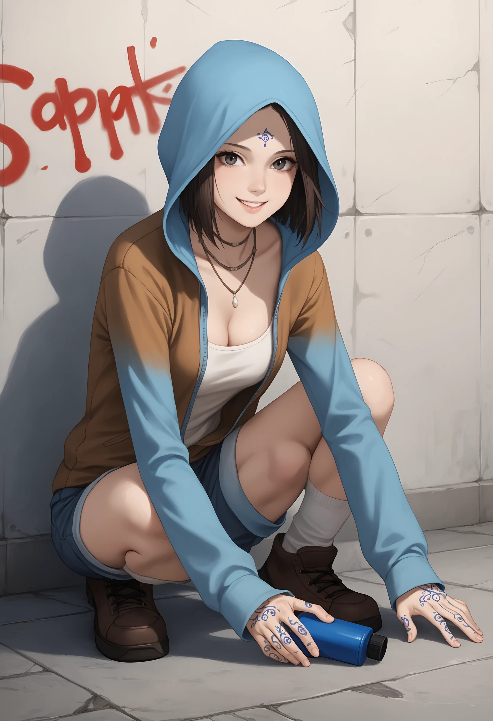 score_9, score_8_up, score_7_up, full body, source_3d, BREAK 1girl, solo, a woman, skinny, thin, k4t, necklace, hoodie, hood, henna, shorts, jacket, cleavage, forehead mark, pale skin, dark hair, long bangs, short hair, tube on back, smile, spray paint, graffiti,   highly detailed, trending, <lora:DMC_kat_PONY:1>,