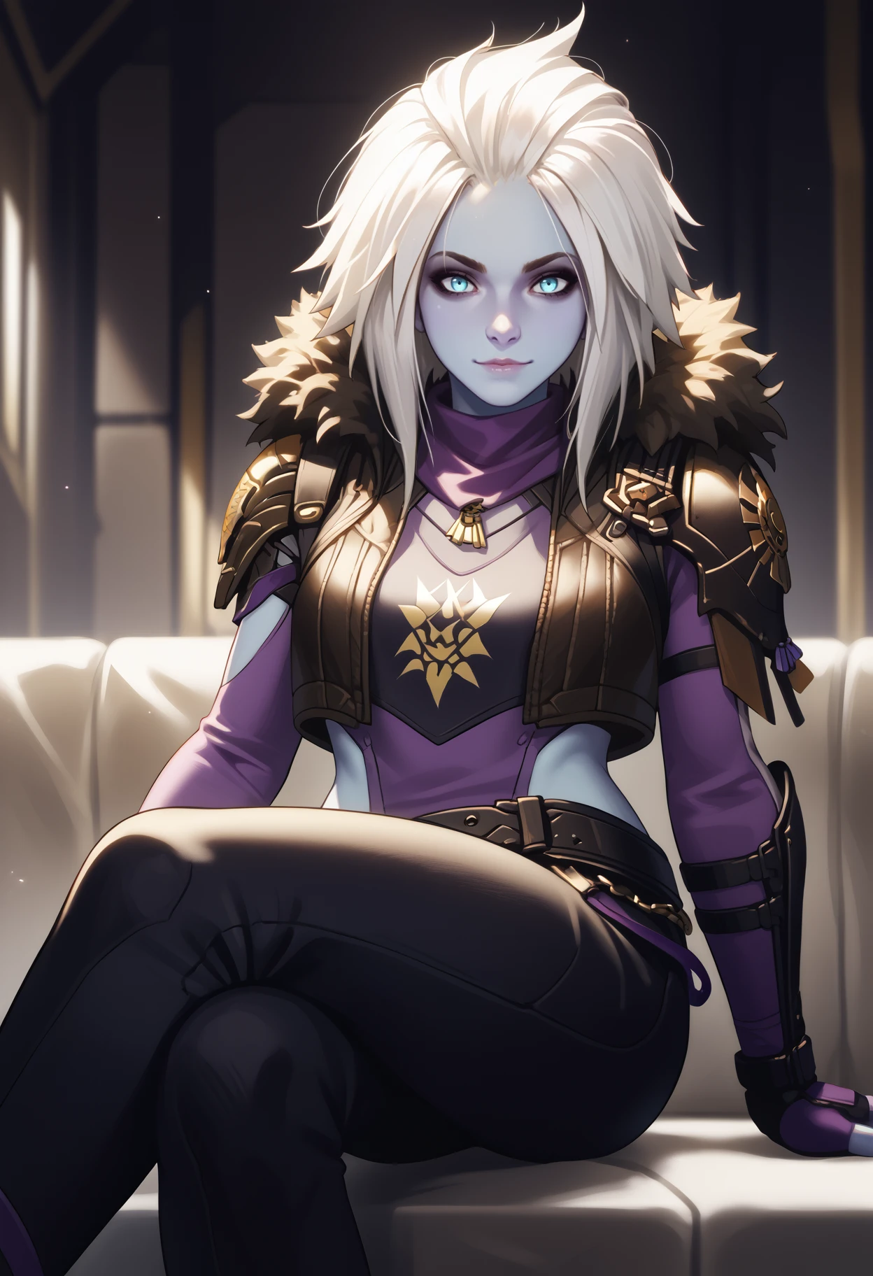 score_9, score_8_up, score_7_up, source_anime, solo, 1girl, mara sov, blue skin, light smile, looking at you, sitting, crossed legs, fur trim, brown jacket, fur-trimmed jacket, cropped jacket, shoulder armor, long sleeves, purple gloves, fingerless gloves, black pants, belt, indoors
<segment:yolo-face_yolov8m.pt,0.4,0.5>