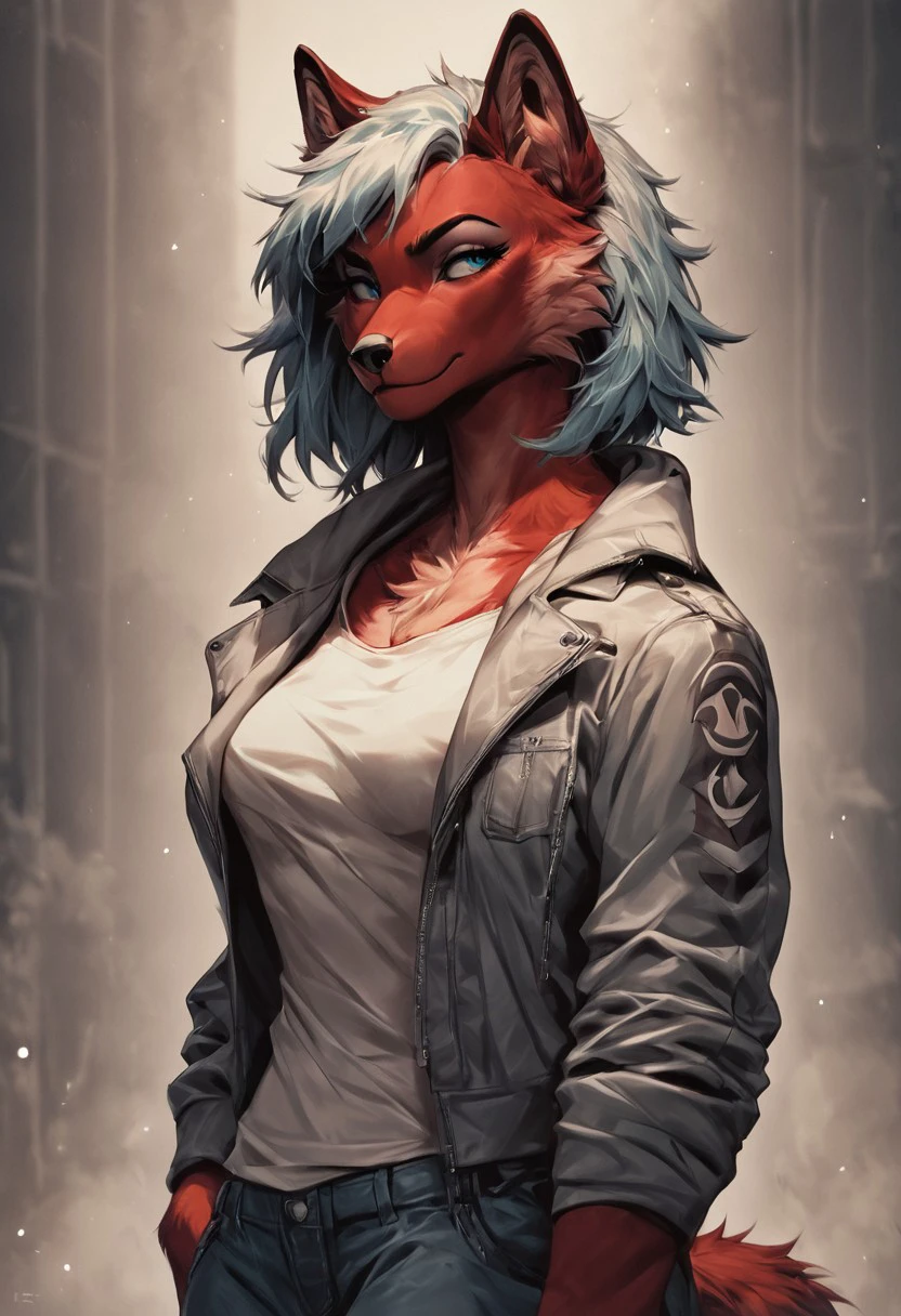 safe_pos, score_9, score_8_up, score_7_up, score_6_up, score_5_up, score_4_up, source_furry, Luna lynn, red fur, jacket, sexy attire, woman