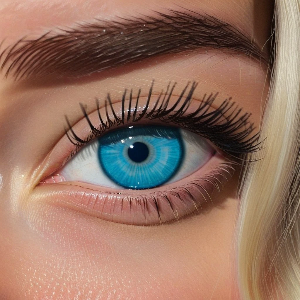 Blue eyes, big eyelashes, large pupil, hit by light, blonde hair strand on the left