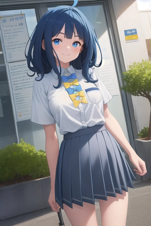 ((masterpiece)),(best quality),official art,extremely delicate and beautiful,extremely detailed CG,unity 8k wallpaper,ultra detailed,beautiful detailed eyes,extremely detailed face,outdoors,1girl,solo,cowboy shot,looking at viewer,facing viewer,smile,Yanami Anna,ahoge,medium hair,blue hair,sidelocks,blunt bangs,blue eyes,school uniform,collared shirt,white shirt,pocket,blue bow,yellow bow,short sleeves,medium breasts,skindentation,shirt tucked in,blue skirt,pleated skirt,black socks,loafers,<lora:Yanami Anna(mtmlh):1.6>,