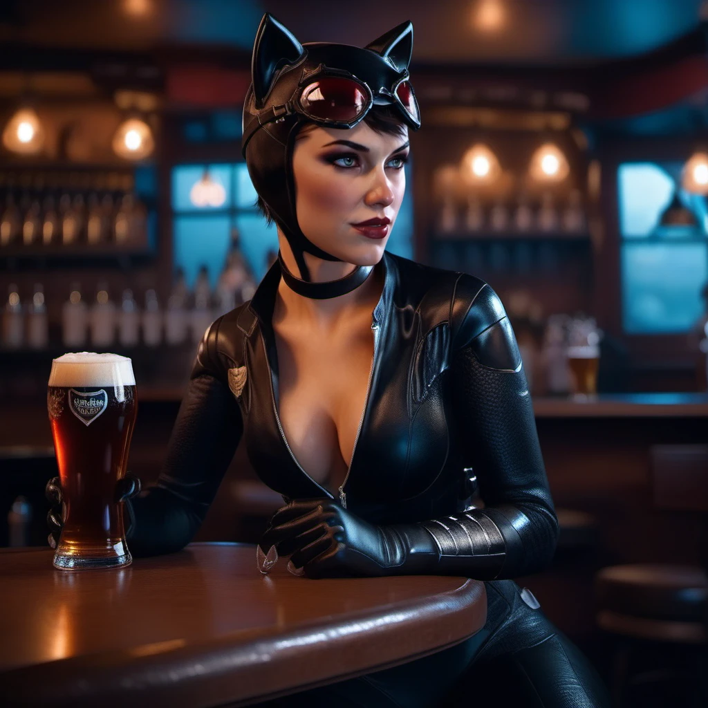 cinematic photo 1girl, goggles, choker, breast, cleavage, black bodysuit, animal ears, gloves, having a beer in a pub <lora:Catwoman1024:0.8> . 35mm photograph, film, bokeh, professional, 4k, highly detailed