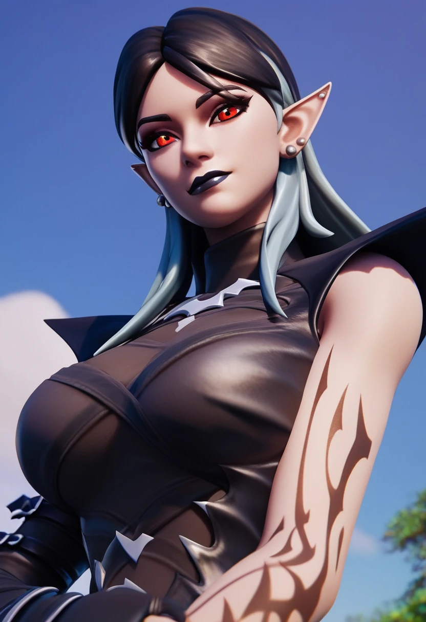 shimmerdusk, best quality, amazing quality, 1girl, fullbody, looking at viewer, <lora:Shimmerdusk-10:0.8>, pointy ears, black hair, red eyes, jewelry, earrings, long hair, multicolored hair, black lips, lipstick, makeup, vampire, tattoo, fingerless gloves, thighhighs, gothic, black nails, boots , upper body, score_9, score_8_up, score_7_up, score_6_up, source_anime, BREAK masterpiece, earrings, outdoors, sky, day, cloud, tree, blue sky, anime_source, big breast, huge breast