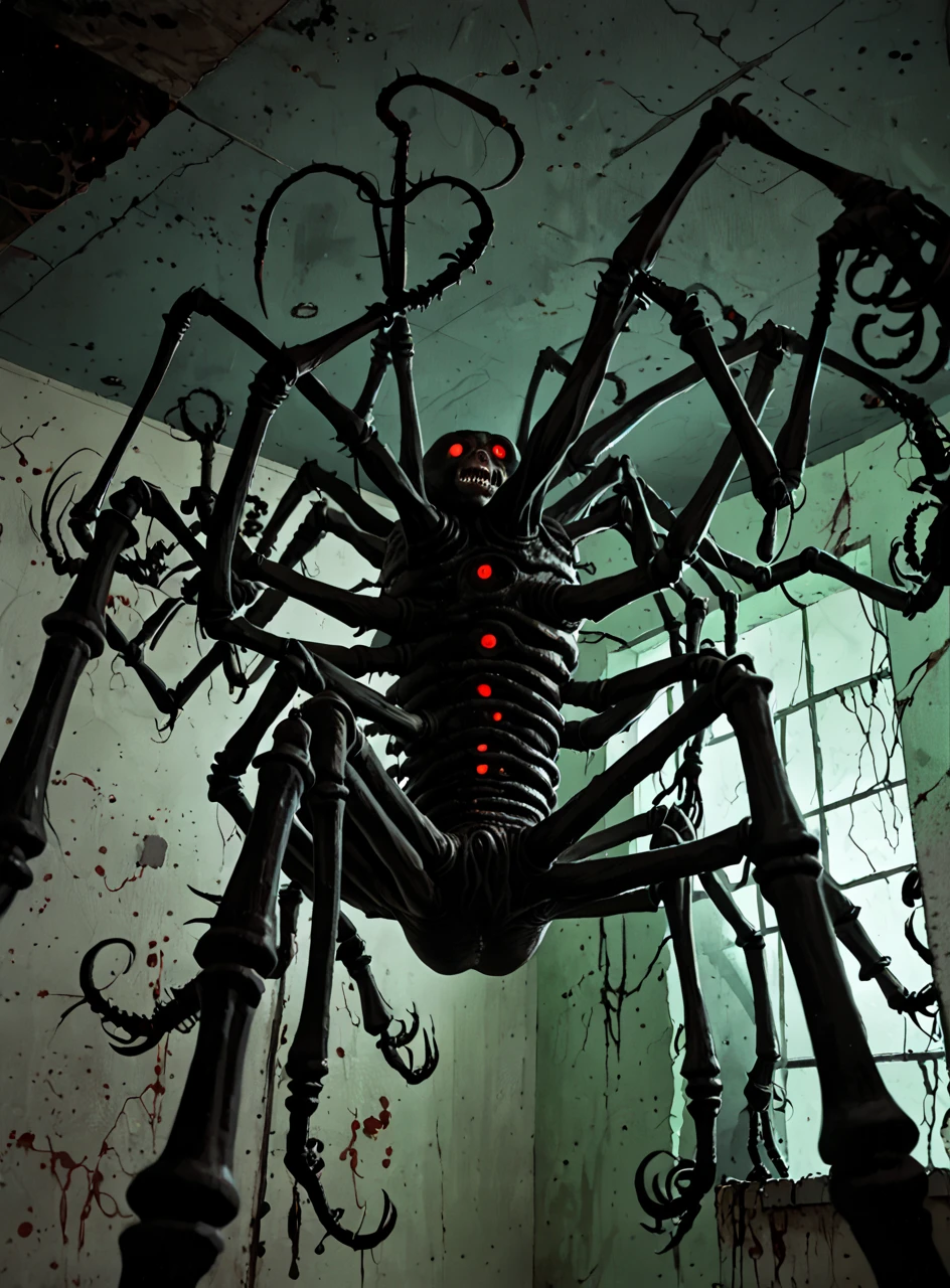 <lora:classcompxl:1>, classcompxl, dark room, a spider with 8 eyes, many arms, creepy, otherworldly, vibrant color, darkness, horror comic, from below, on wall, creature, arachnid, insectoid,