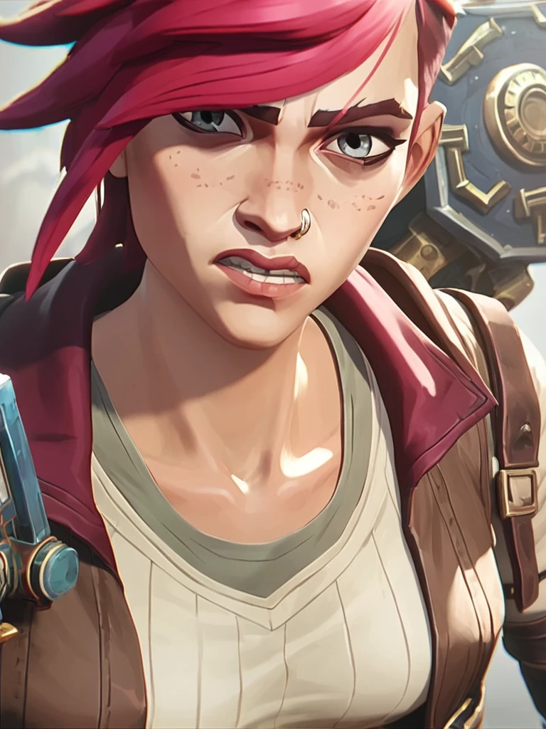 score_9, score_8_up, score_7_up, young vi, orphan, a woman with red hair and a gun, 1girl, solo, short hair, bangs, shirt, open clothes, open jacket, grey eyes, hood down, clenched teeth, portrait, red jacket, freckles, brown jacket, vi league of legends, <lora:arcane_pony_v1-2_mx:0.95>