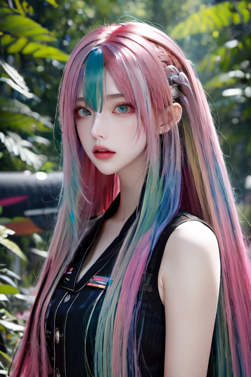 highly insanely detailed, masterpiece, top quality, best quality, highres, 4k, 8k, RAW photo, (very aesthetic, beautiful and aesthetic),  
<lora:BLGirl_R240512_white_240815:1>, 
(1girl:1.3), eyes focus, 
(neon pink hair,rainbow hair,Iridescence hair,streaked hair), 
engaging in a simulated combat exercise over the forest, the military plane demonstrating its agility,âââ