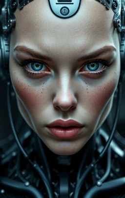 A hyperrealistic portrait of a cyborg with intricate mechanical implants, soft human skin, and piercing blue eyes