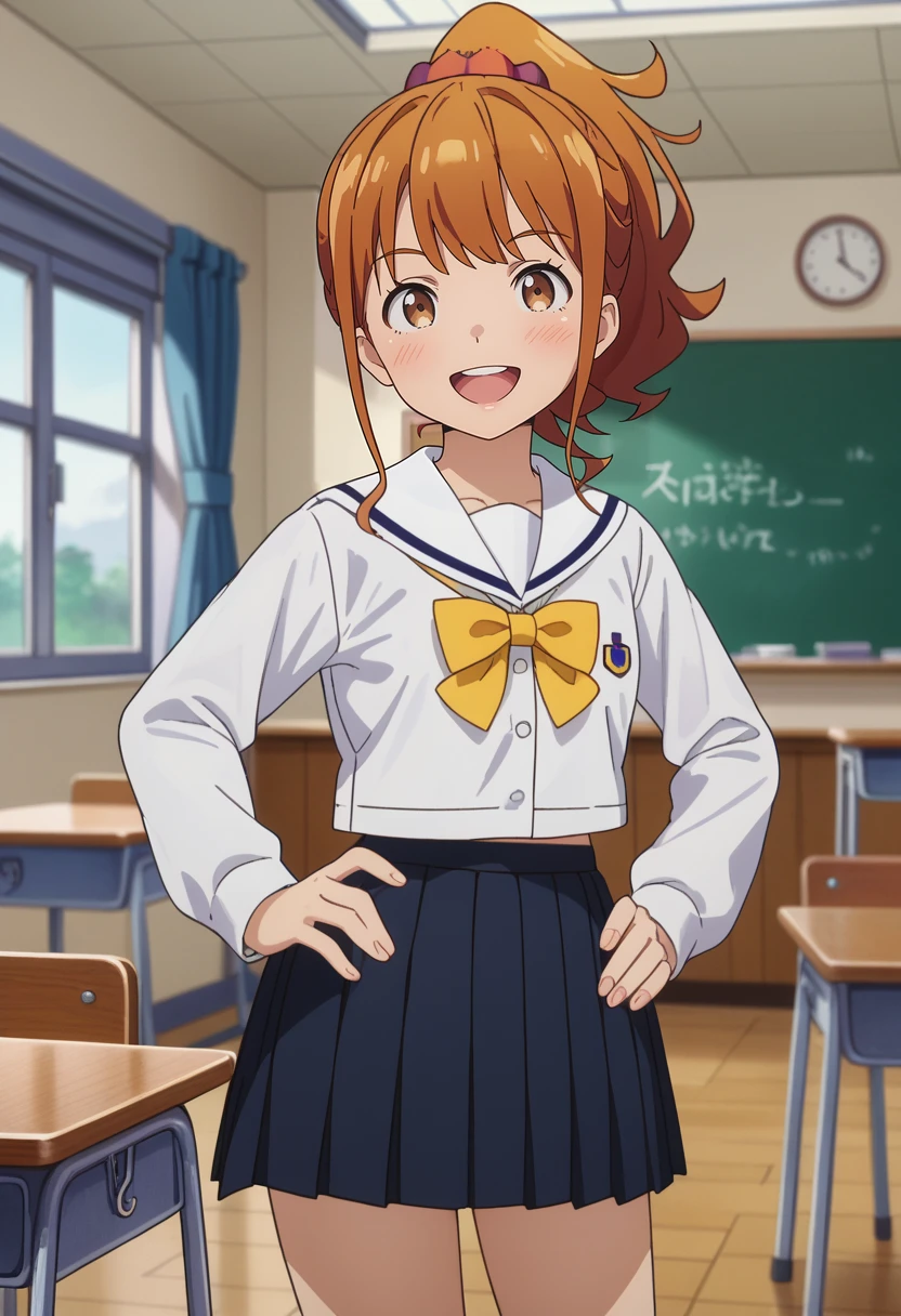 score_7_up, anime screencap,
<lora:EromangaSensei_JinnoMegumiXL:0.8>,
1girl, solo, open mouth, smile, light blush, upper teeth only,
ginger hair, brown eyes, ponytail, hair scrunchie,
MegumiSchool, white sailor collar, white shirt, yellow bowtie, long sleeves, pleated skirt, black skirt,
standing, looking at viewer, thigh gap, hand on own hips,
blurry background, indoors, classroom