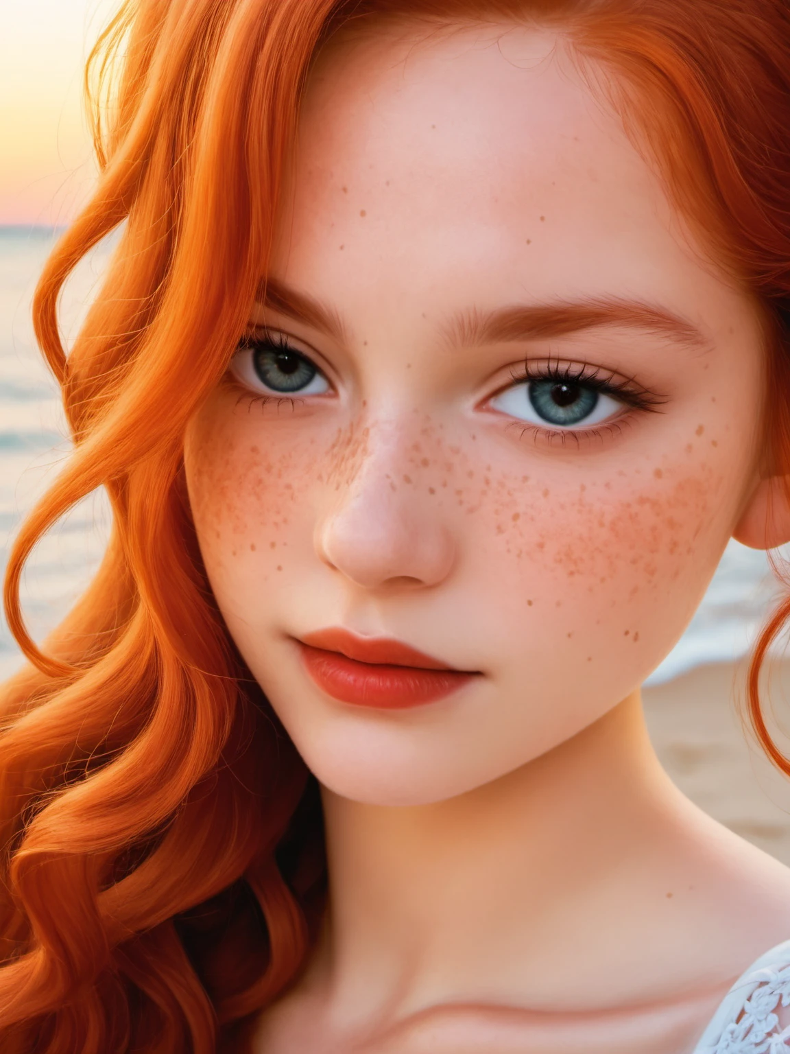 score_9, score_8_up, score_8, 1girl, 18 years old,  close-up, long ginger hair, long wavy hair, wearing an off the shoulder long Sleeves crepe dress, cheek dimples, red cheek, with freckles, red lips, flirty looks, shy, on a beach, with a sunset, close-up portrait, high contrast, pink tones, canon 5D Mark IV, photography <lora:Pony_DetailV2.0:1> <lora:pony_better freckles:1.0>