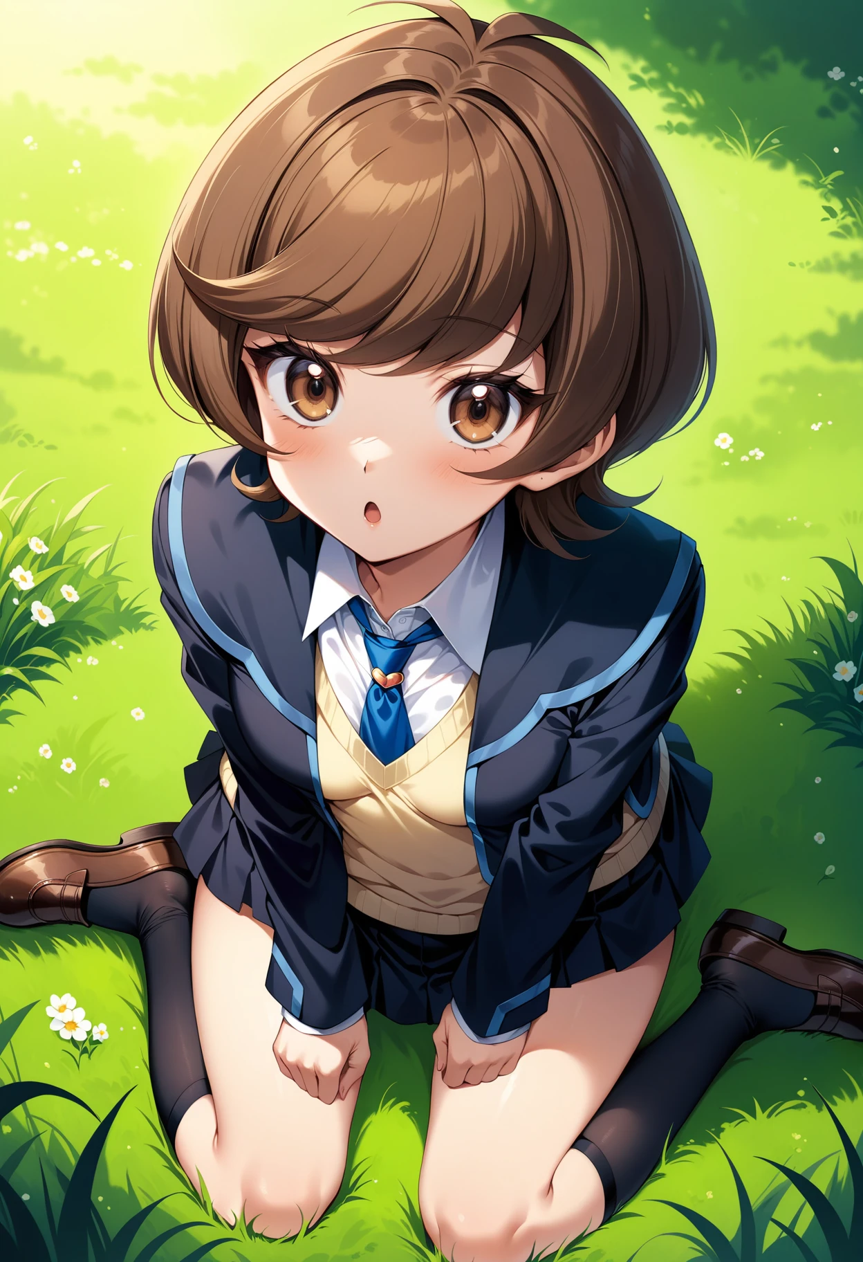 (masterpiece, best quality, very aesthetic, ultra detailed), intricate details, 4k, aaaoi, short hair, brown hair, brown eyes, small breasts, school uniform, blue necktie, blazer, blue jacket, yellow sweater, long sleeves, pleated skirt, black skirt, <lora:zaizen_aoi_animagine_v1:0.9>, black socks, loafers, :o, wariza, grass, field