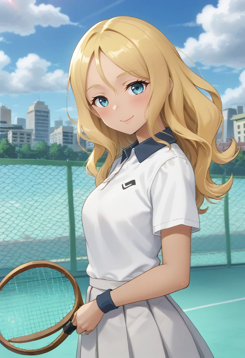 Sakura  , solo, standing, from side, looking at viewer, tennis uniform, holding tennis racket, smile, blush, outdoors, tennis court, clouds, fence, city<lora:FFA:1>