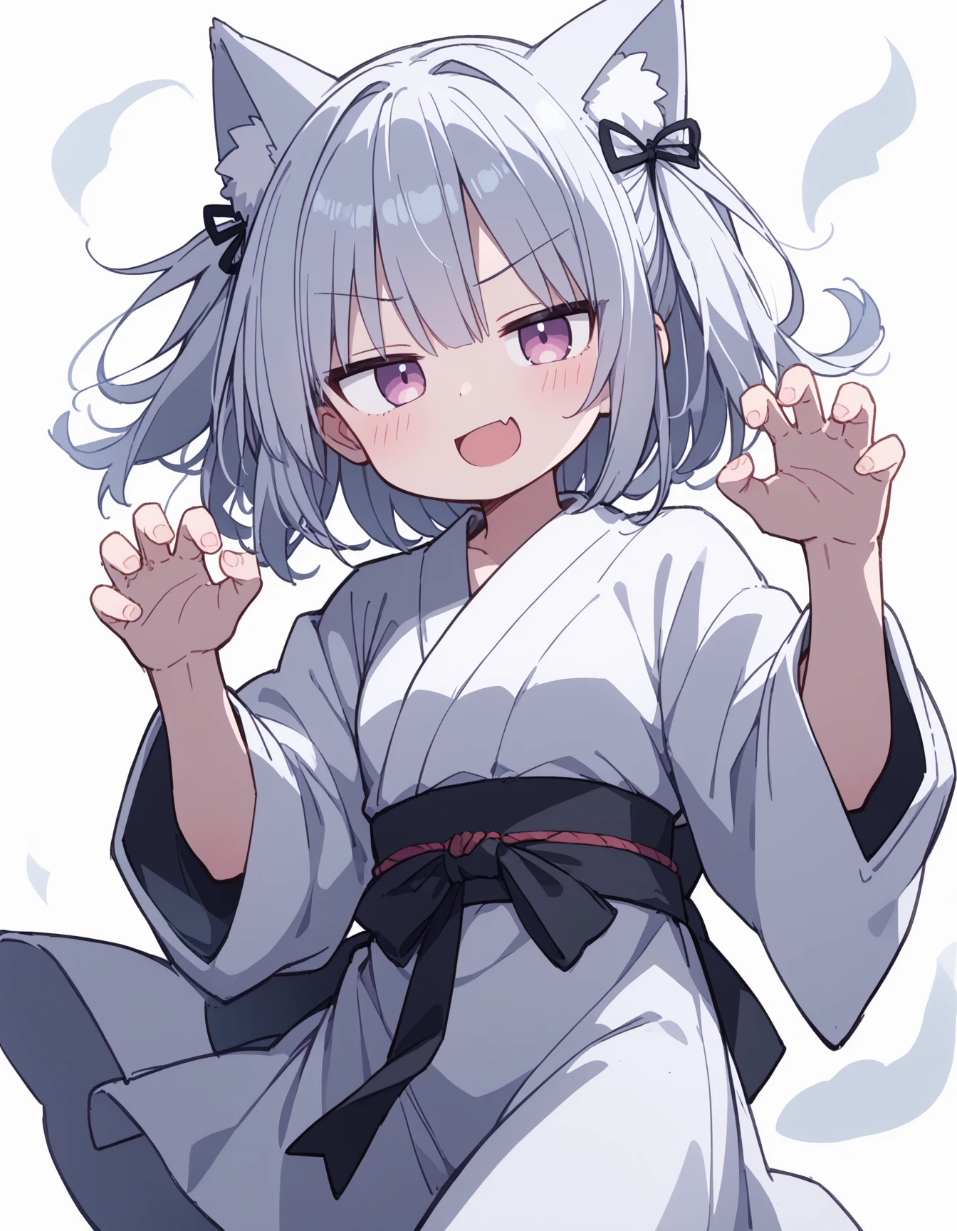 source_anime, best quality, 1girl, light blue hair, white yukata, claw pose, ghost, faint smile, narrowed eyes, open mouth, looking at viewer, v-shaped eyebrows, dutch angle, wind, white background