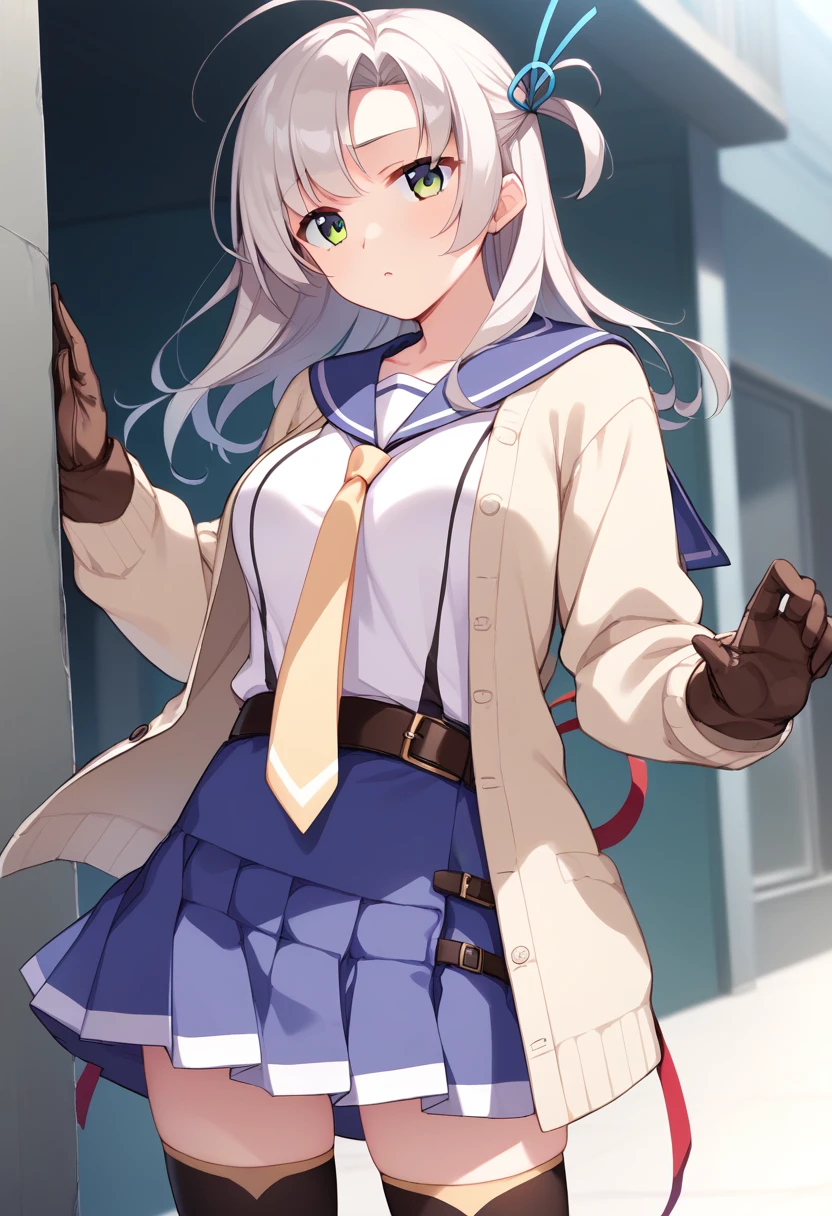 score_9, score_8_up, score_7_up, BREAK source_anime, game cg, (anime screencap), 1girl, solo, kinugasakaini, grey hair, hair tie, green eyes, blue sailor collar, (beige cardigan:1.2),open clothes,  serafuku, yellow necktie, brown gloves, belt, skirt,  black thighhighs,<lora:kinugasak2_v1:0.8>