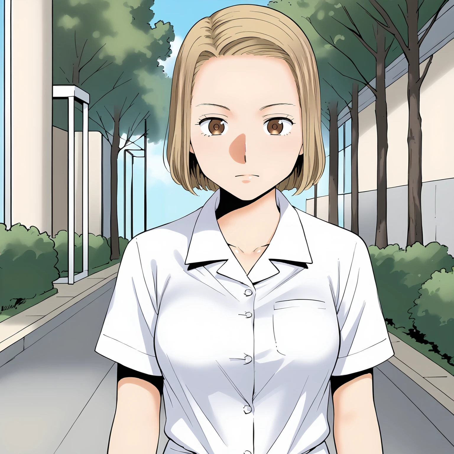 <lora:KZ_TomonoNiiyamaXLpony001>,
solo,
TomonoNiiyama,1girl,blonde hair,bob_cut,forehead,brown eyes,
medium breasts,
dress_shirt,short_sleeves,
outdoors,