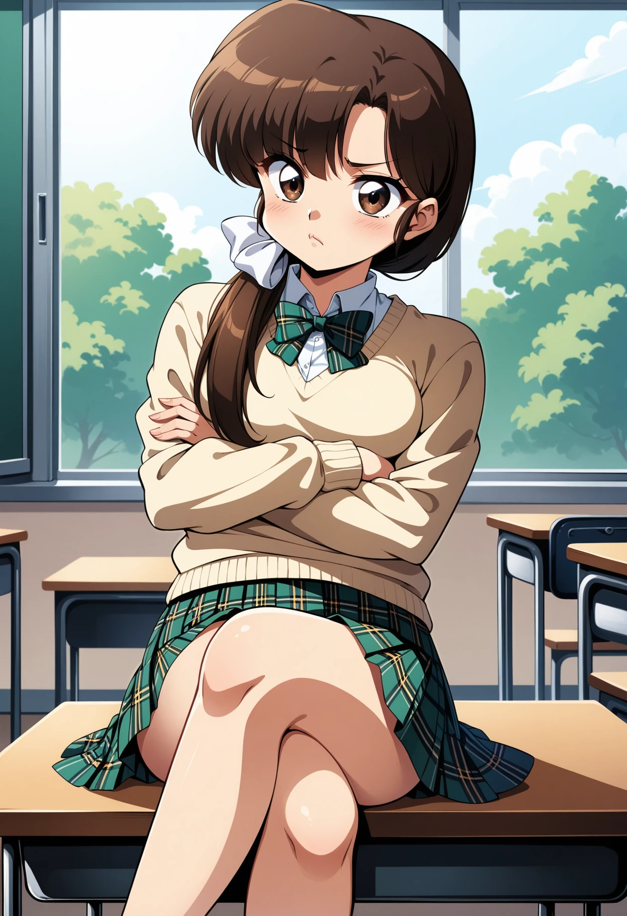 (masterpiece, best quality, very aesthetic, ultra detailed), intricate details, 4k, aakasumi, hair over shoulder, brown hair, brown eyes, long hair, medium breasts, low ponytail, <lora:tendou_kasumi_animagine_v1:0.9>, school uniform, sweater, bowtie, long sleeves, plaid skirt, pout, crossed arms, classroom, sitting, crossed legs, on desk,