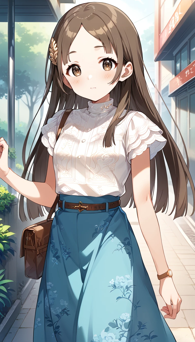 score_9,score_8_up,score_7_up,
official art,official style,game cg,megami magazine,
kuramoto china,
aqua skirt, bangs, belt, blue skirt, blush, brown belt, brown eyes, brown hair,
floral print, hair ornament, long hair, parted bangs, shirt, short sleeves, skirt, long skirt,
very long hair, watch, white shirt, wristwatch,
1girl,solo,
standing,
<lora:idolmaster_kuramoto_china_pony_v1:1>,