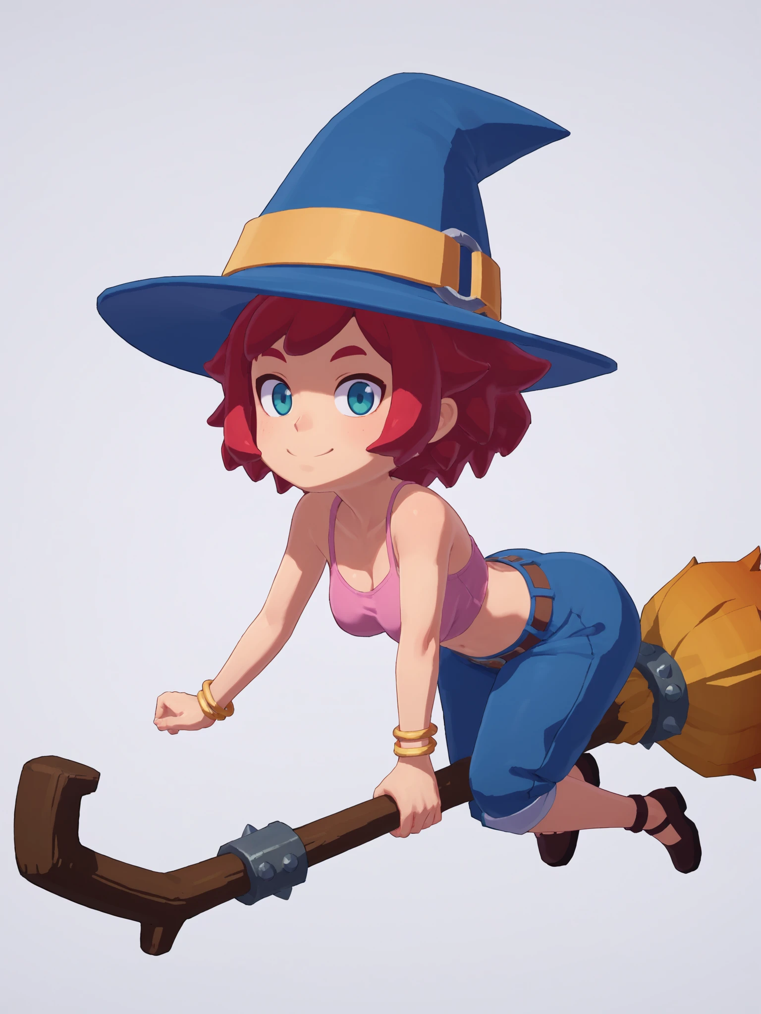 score_9, score_8_up, score_7_up, score_6_up, BREAK, white background, <lora:Mika_TheWitch_PDXLv0:0.5> mika, 1girl, witch hat, pink shirt, blue shorts, bracelet, v:1.2, aged up, medium breasts, solo, broom, broom riding