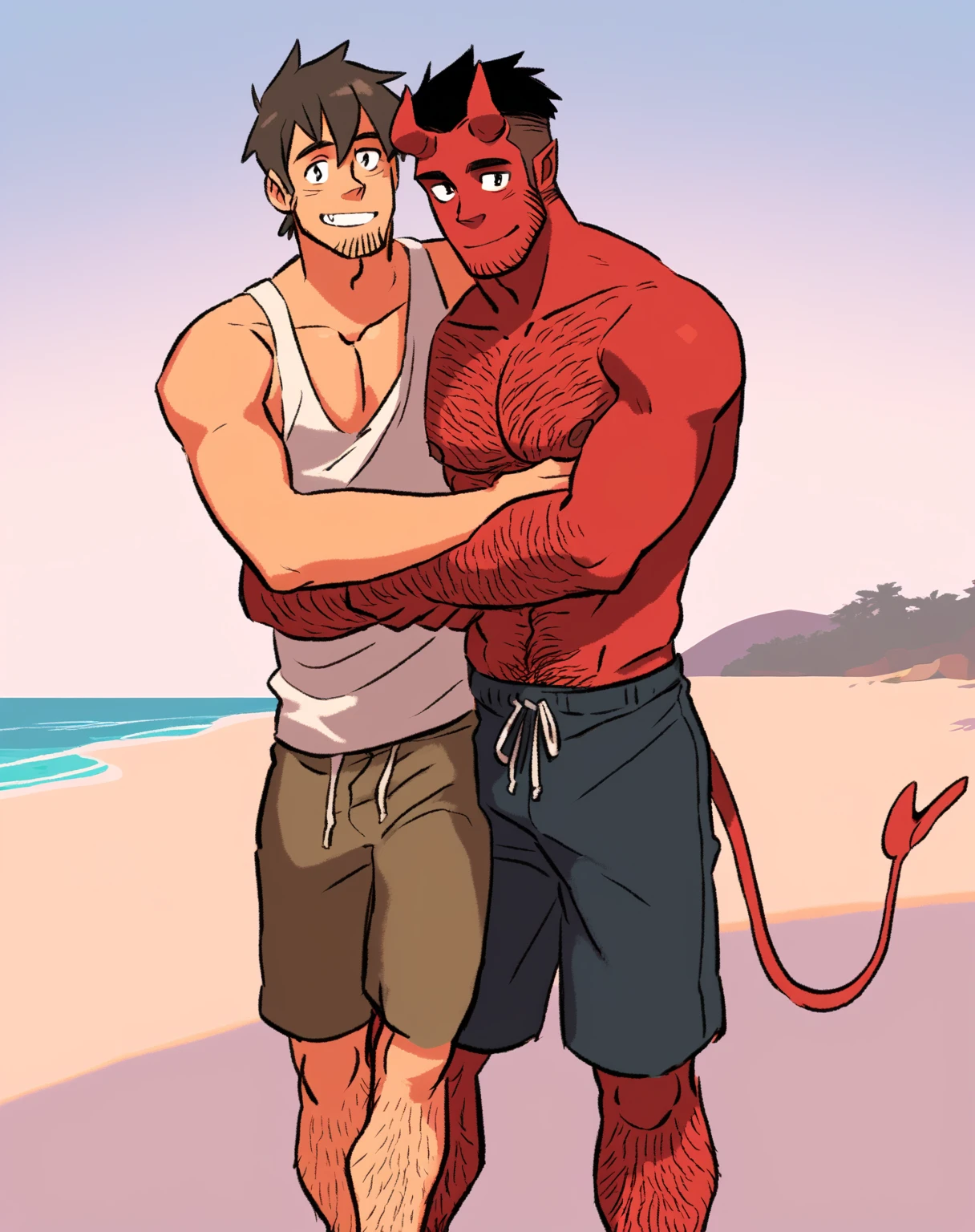 score_9, score_8_up, score_7_up, score_6_up, 2boys, couple, tobias, stubble, hairy body, black hair, horns, colored skin, red skin, demon boy, shirtless, tail, BREAK, guy, tank top, hairy chest, shorts, leg hair, stubble, brown hair, looking at you, standing, hugging, smile, beach, front view<lora:EMS-454010-EMS:0.800000>