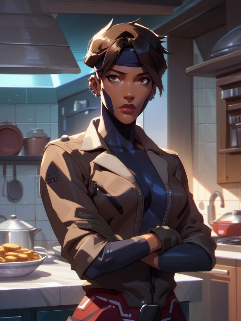 score_9, score_8_up, score_7_up, high quality, masterpiece,  Rocket, 1girl, dark-skinned female, short hair, brown eyes, headband, piercing, earring, bodysuit, jacket, belt, standing, mask, gloves, indoors, kitchen, crossed arms
<lora:Rocket-110reps:0.8>