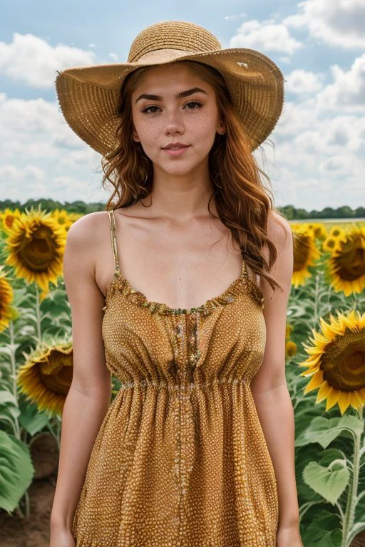 DEN_veron_steamgirl,
(walking through a field of sunflowers wearing a (summer dress:1.3) and sun hat, field, sunflowers, summer, scenic:1.2),
bokeh, f1.4, 40mm, photorealistic, raw, 8k, textured skin, skin pores, intricate details <lora:epi_noiseoffset2:1>, epiCRealism