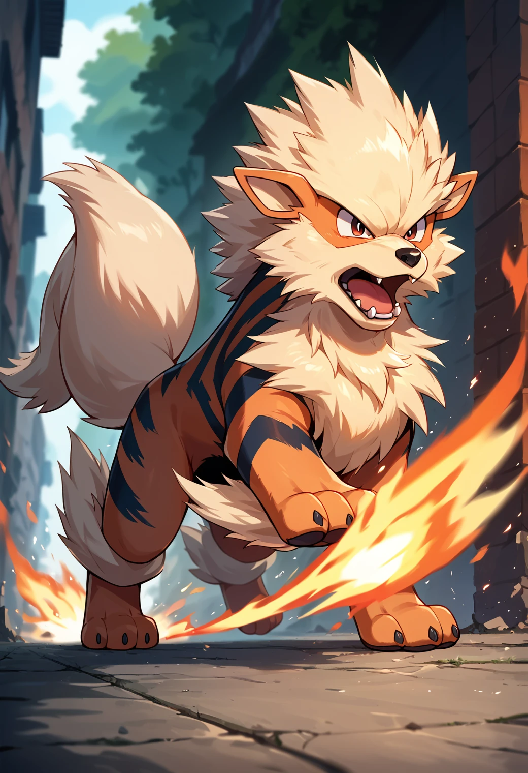 score_9, score_8_up, score_7_up, score_6_up, source_furry, dof, full-length portrait, solo, blurred background,  <lora:POKEMON_ARCANINE:1> arcanine, pokemon (creature), cinematic, action, motion blur, dynamic angle, fire, feral