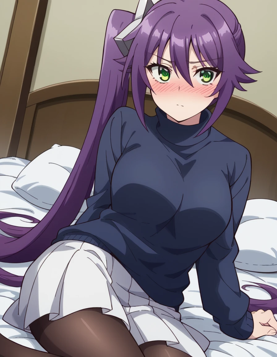 score_9, score_8_up, score_7_up, source_anime, <lora:sagiri-ameno-s1-ponyxl-lora-nochekaiser:1>, sagiri ameno, long hair, hair between eyes, very long hair, green eyes, purple hair, side ponytail,, skirt, long sleeves, pantyhose, pleated skirt, miniskirt, sweater, turtleneck, white skirt, turtleneck sweater, black sweater, blue sweater,, indoors, bed, bed room, on side, blush, drunk, looking at viewer, solo,, cowboy shot, dutch angle