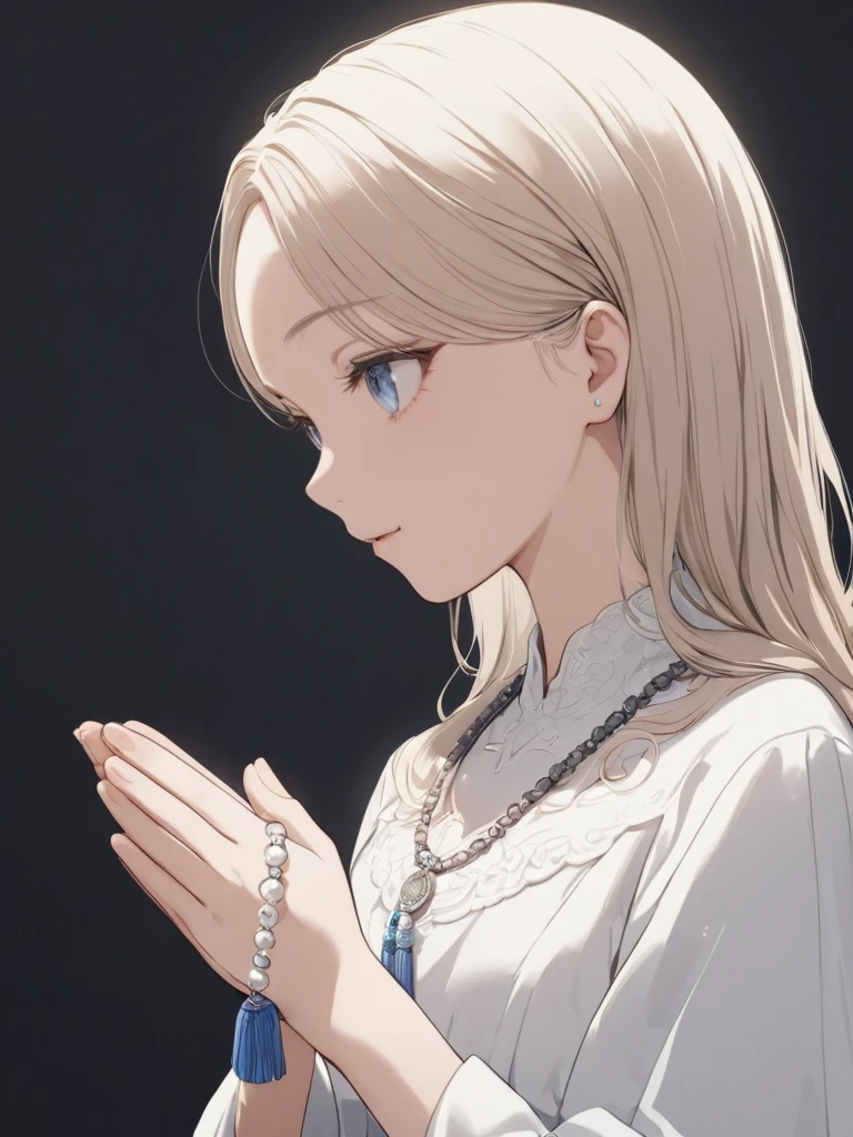 masterpiece,ultra-detailed,best quality,8K,illustration,cute face,clean skin ,shiny hair,girl,ultra-detailed-eyes,simple background, <lora:add-detail-xl:1> <lora:jyuzu_XL_V1.0:1> jyuzu, own hands together, holding, jewelry,from side