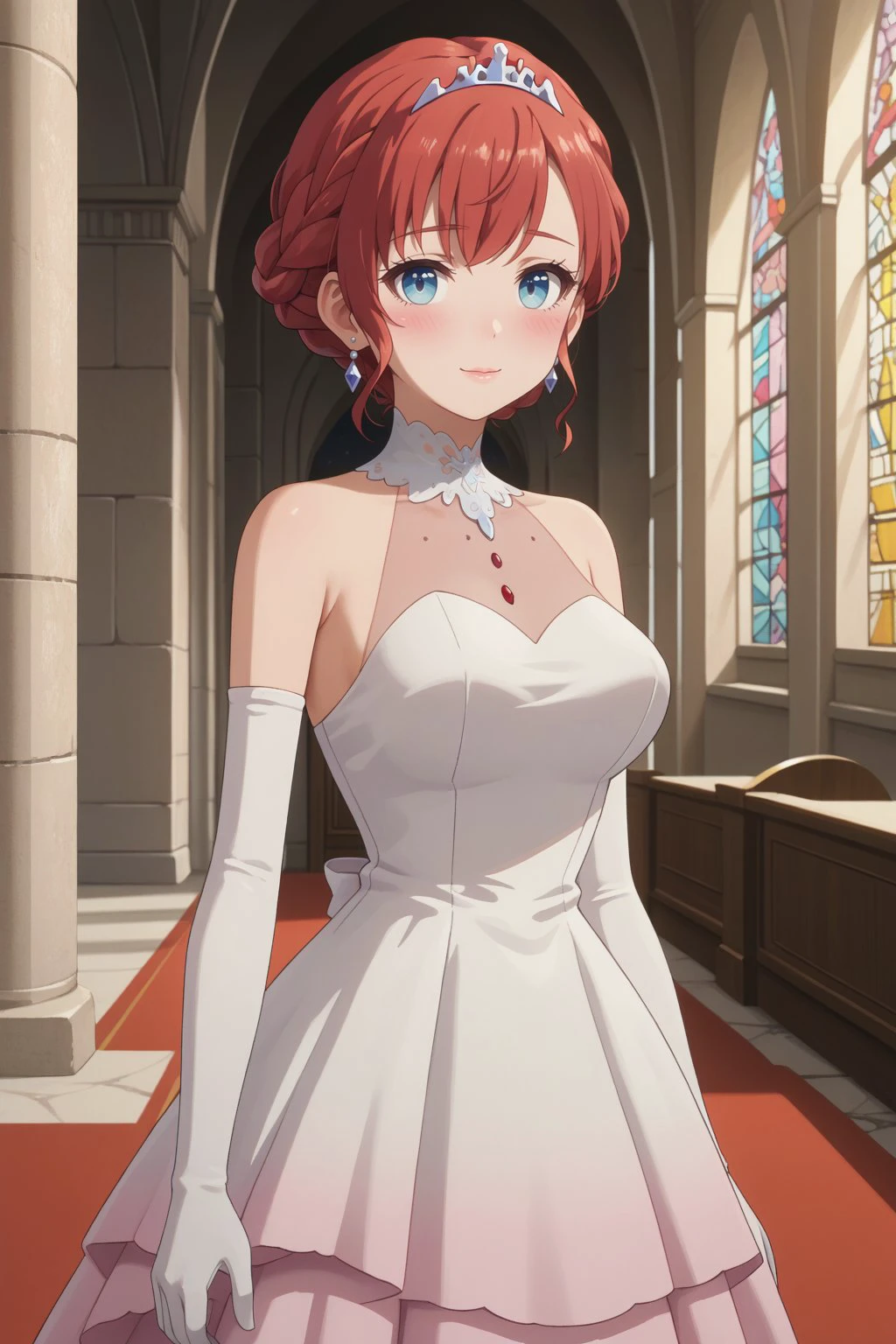 score_9, score_8_up, score_7_up, solo, 1girl, BREAK

tiarawdress, short hair, blue eyes, braid, red hair, tiara,

medium breasts, gloves, dress, bare shoulders, elbow gloves, white gloves, white dress, wedding dress, earrings, jewelry,

seductive gaze, bedroom eyes, naughty face,

looking at viewer, blush, standing, sexy pose, cowboy shot,

palace, castle interior, royal palace,

,