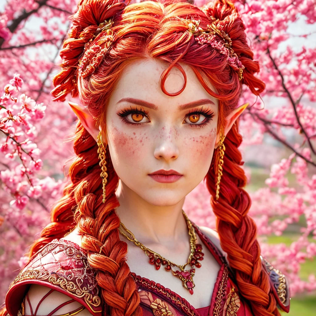 An upper body photo of an elegant elven princess with fiery red hair, styled in intricate braids adorned with golden accents and delicate chains. Her striking golden eyes are framed by thick lashes, and her freckled skin glows with a natural radiance. She is dressed in a regal, deep red gown with gold embroidery, featuring elaborate patterns that highlight her noble status. Around her neck is a necklace of red gemstones that complements her fiery appearance. The background is a breathtaking scene of blooming cherry blossoms, with pink petals gently falling around her, creating a stunning contrast with her vibrant hair and outfit