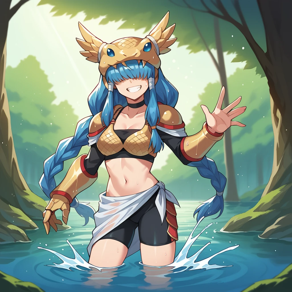 score_9_up, score_8_up, score_7_up, source_anime, masterpiece, best quality, 1girl, solo, Mvon, Minervamon sunlight through leaves, wading in water, wet, splashing water, cheerful grin, water particles, long hair, blue hair, twin braids, braided twintails, covered eyes, helmet over eyes, snake head, midriff, black choker, scale armor, bra, shoulder armor, bike shorts, winged helmet, white sarong, black sleeves, gauntlets, armor, dynamic cowboy shot, outdoors, forest mountains river, background