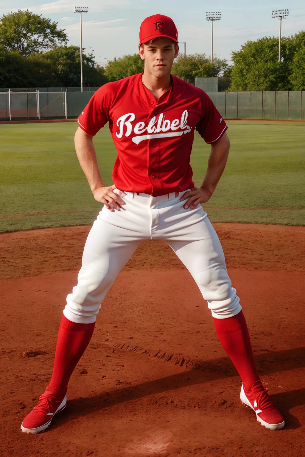 outdoors, ((baseball field)), JeroenMondrian, baseballplayer, baseball uniform, red jersey, gray pants, red socks, black sneakers, red baseball cap, smiling, masterpiece, (((full body portrait))), full body shot, wide angle <lora:JeroenMondrian-000008:0.75><lora:Clothing - Sexy Baseball Player:0.65>
