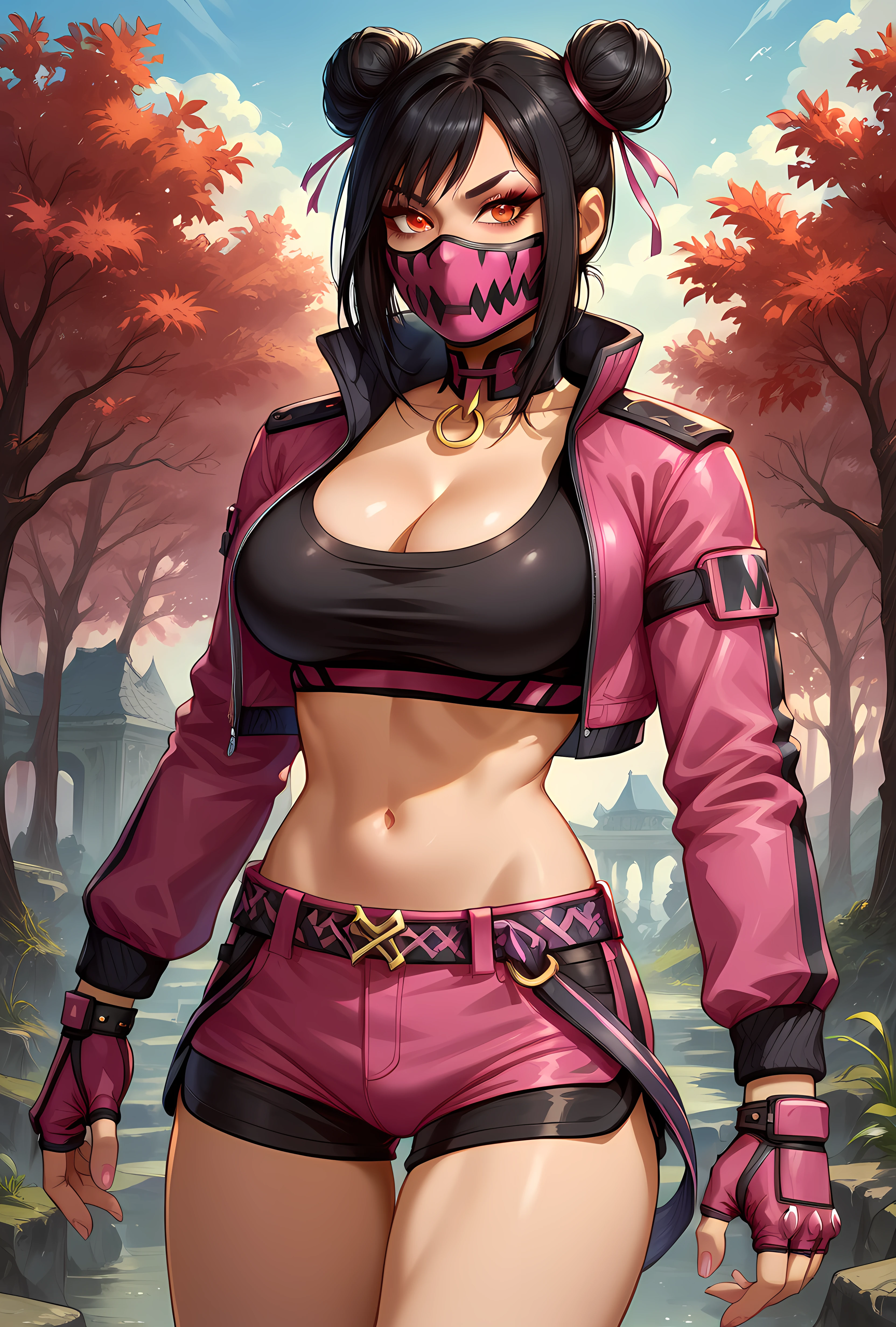 score_9, score_8_up, score_7_up, source_anime, BREAK (Masterpiece, Best Quality, Highly Detailed, Detailed Background, Cowboy Shot, Beautiful large Breasts, Perfect Eyes, Sexy Pose) , BREAK, <lora:Expressive_H:1> expressiveh <lora:Earthrealm Outfit Mileena_epoch_5:0.8> Mortal Kombat 1, Mileena, Official Alternate Outfit, Black Hair, Hair Buns, Red Eyes, Pink Mask, Open Cropped Pink Jacket, Exposed Midriff, Black Sports Bra, Cleavage, Pink Fingerless Gloves, 2 Pink Belts, Skin Tight Black Shorts, Pink Sneakers