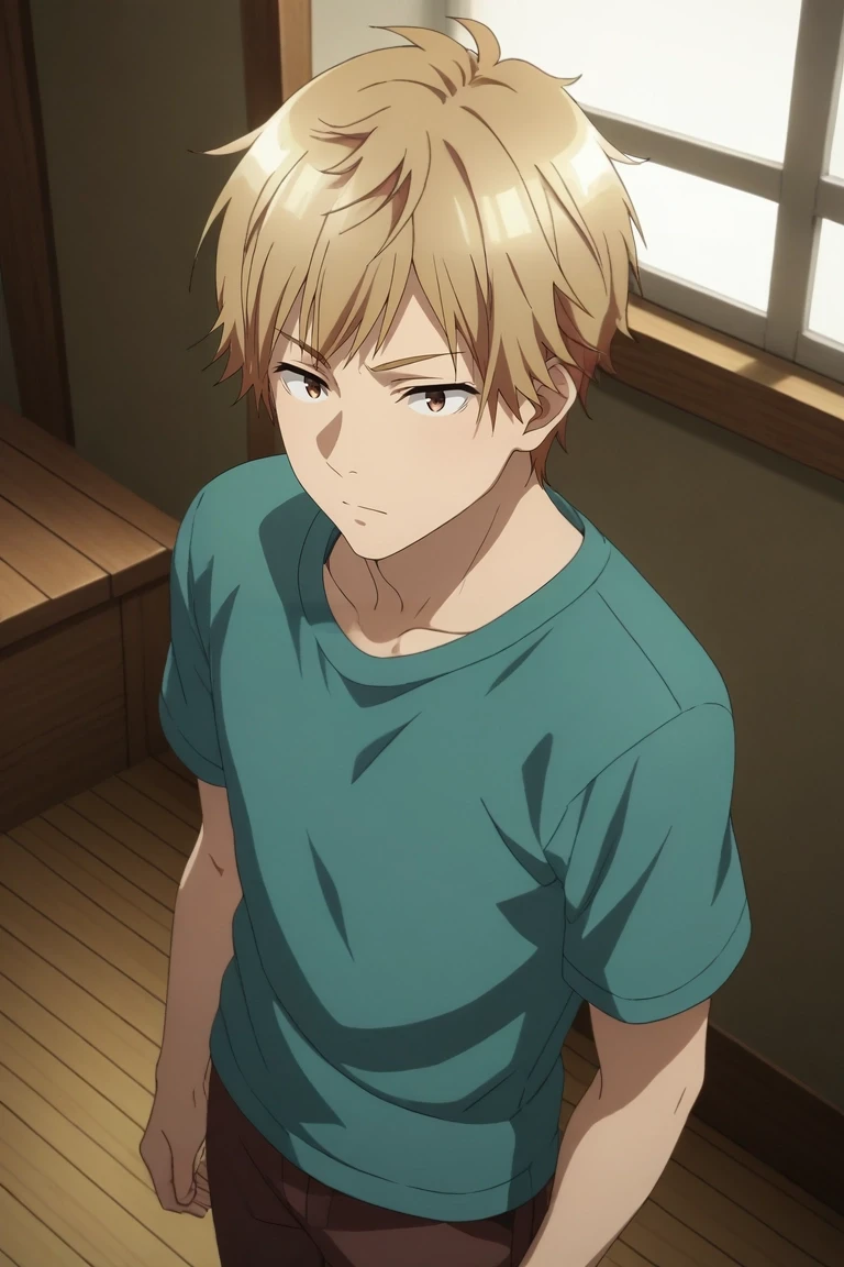 score_9, score_8_up, score_7_up, source_anime, rating_safe, , (3d:0.4), , , 1boy, solo, male focus, <lora:shuuji_nakamura_pony:0.8>, shuuji_nakamura, blonde hair, brown eyes, short hair, from above, dock, indoors, dark, twisted torso, speaking, talking, , <lora:sdxl_lightning_8step_lora:1>