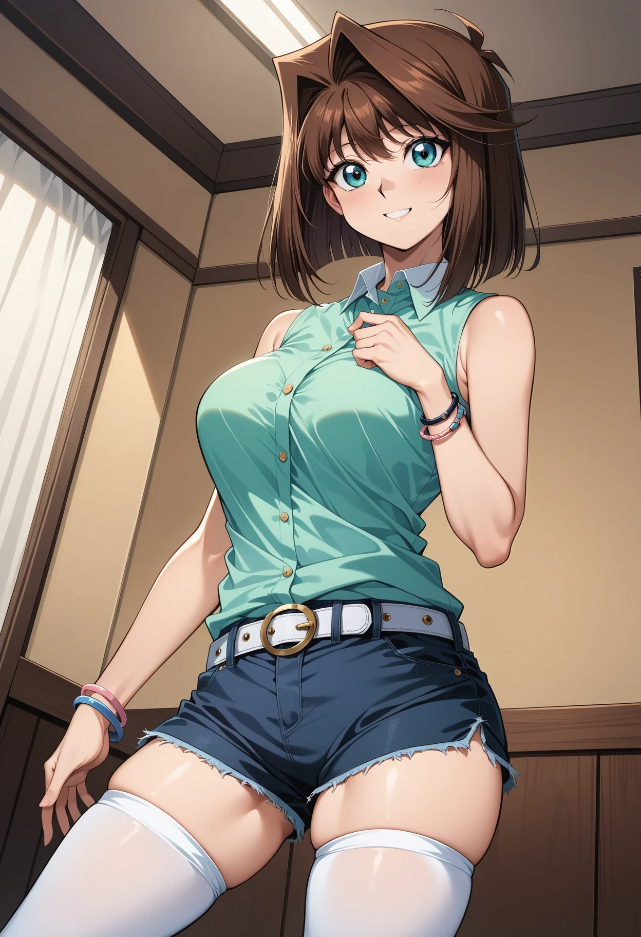 (masterpiece, best quality, very aesthetic, ultra detailed), intricate details, 4k, aaanzu, solo, medium hair, brown hair, aqua eyes, breasts, collared shirt, green shirt, sleeveless, bracelet, short shorts, blue shorts, white belt, white thighhighs, <lora:mazaki_anzu_animagine_v1:0.9>, standing, cowboy shot, smile, indoors,