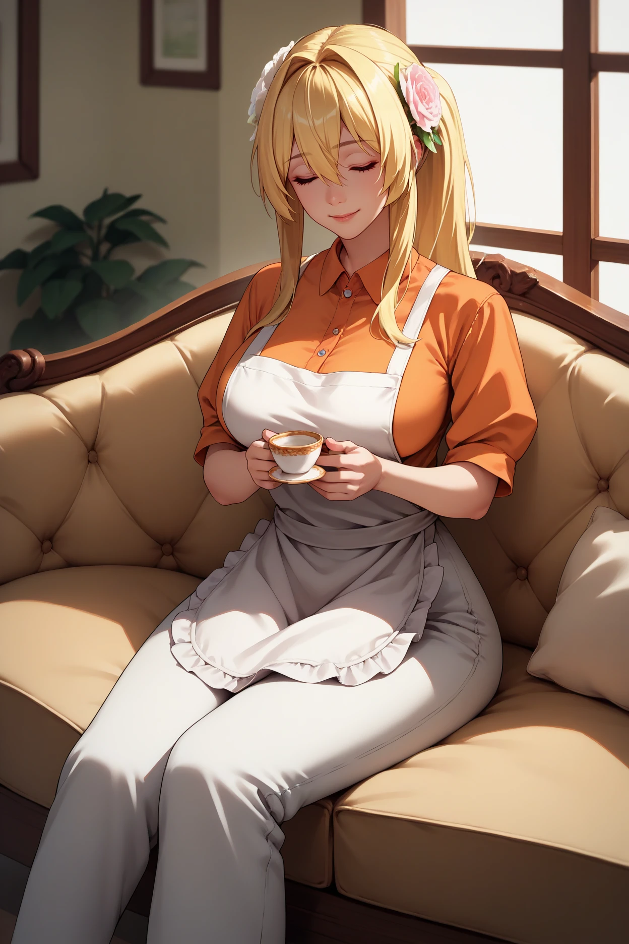 score_9, score_8_up, score_7_up, score_6_up, source_anime, 1girl, solo,  <lora:elishaelfrieden-pdxl-nvwls-v1-000004:1> erisha, blonde hair, ponytail, hair intakes, hair between eyes, long hair, hair ornament, hair flower, orange shirt, white apron, white pants, wide hips, large breasts, sitting, couch, looking at you, holding teacup, closed eyes, happy