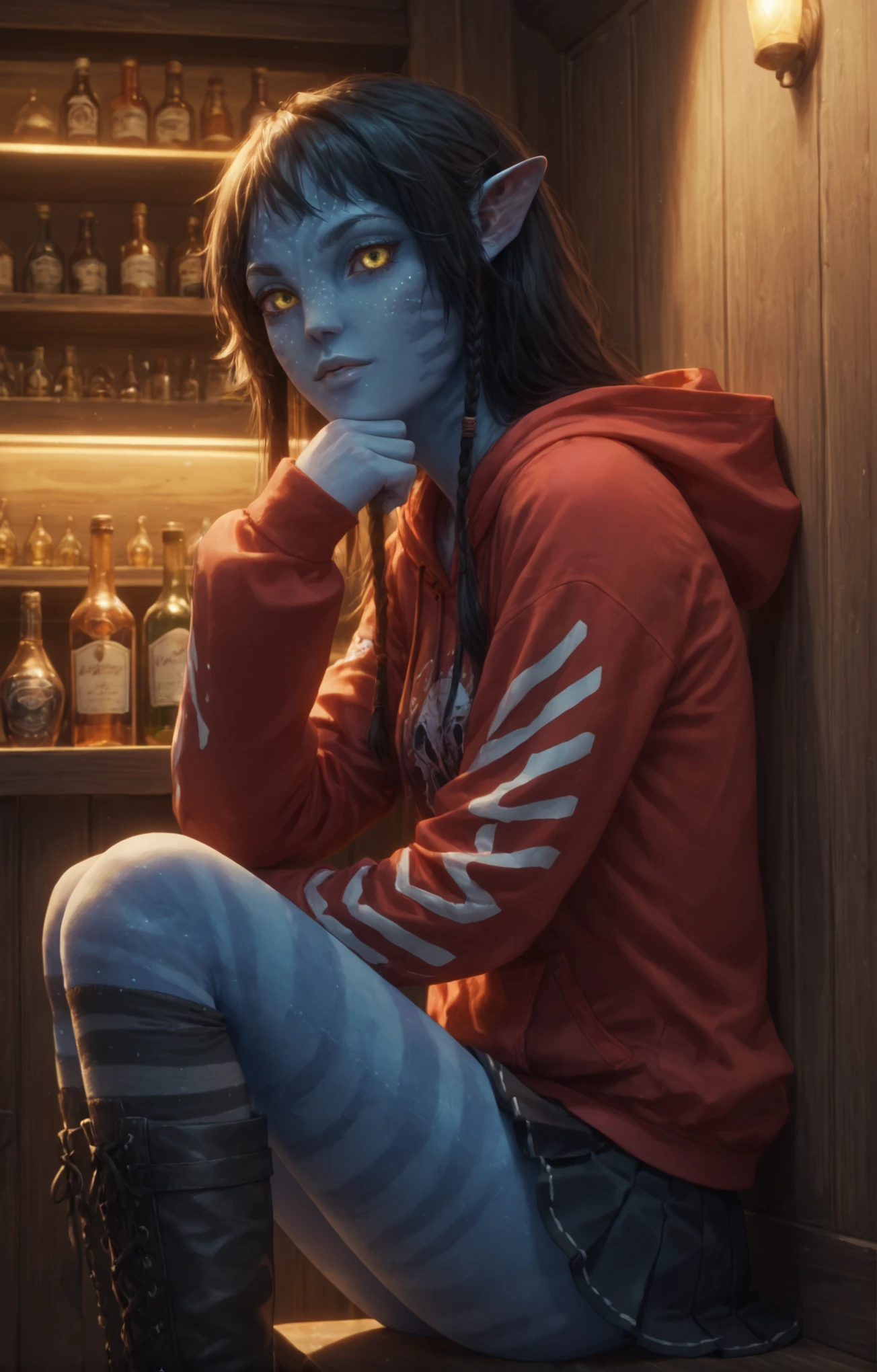 score_9, score_8_up, score_7_up, K1r1, woman, close up, pretty face, detailed yellow eyes, blue skin, bestface, skin pattern, looking at viewer, freckles, oversized red hoodie, black skirt, striped thigh-high socks, gothic boots, leaning on wall, detailed background, inside, bar, hidden area, volumetric lighting, vivid colours, portrait shot, face focus,  <lora:K1r1_epoch_16:1>