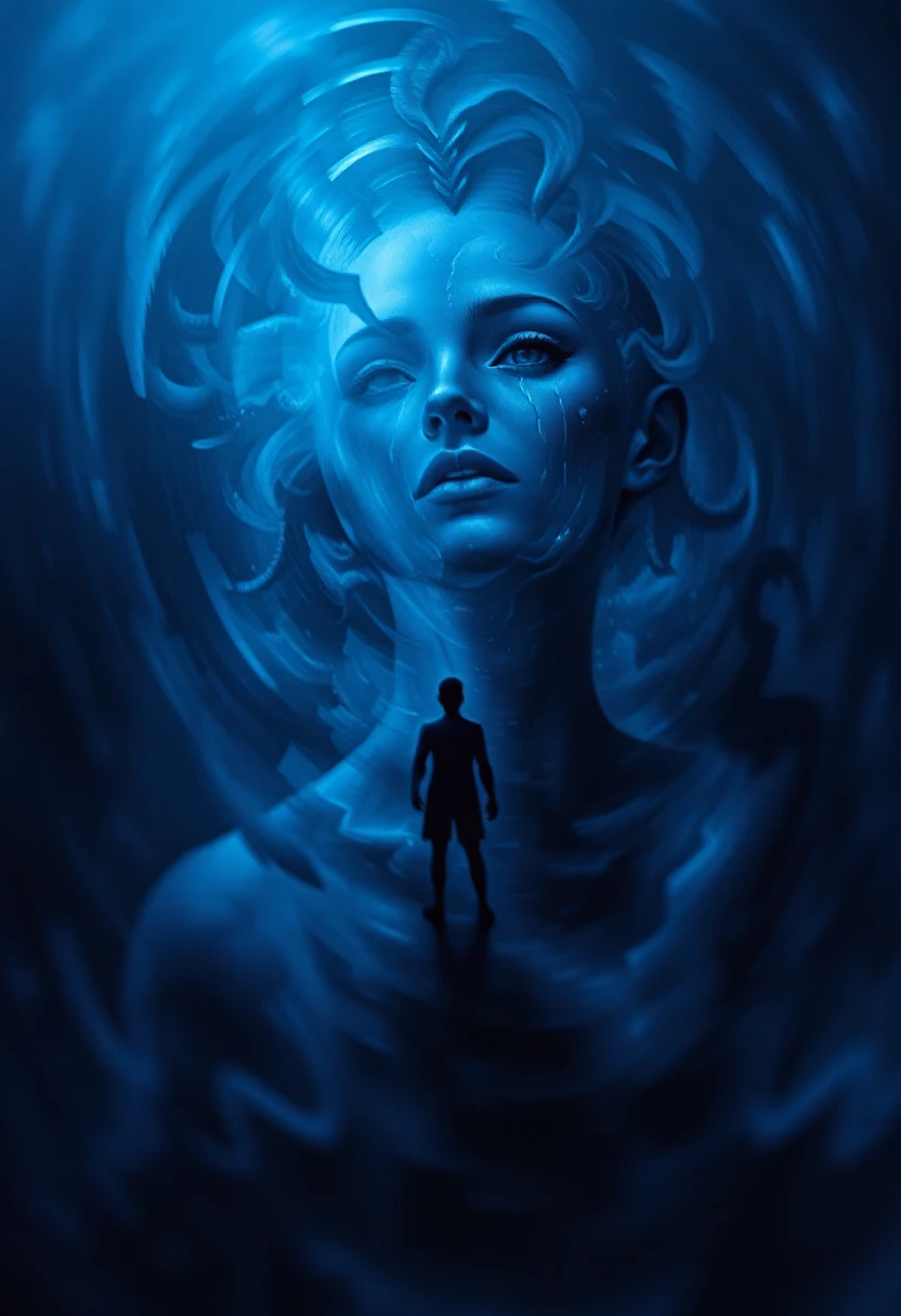 cyberdelicpunk style, indigo, ethereal figures float adrift in an infinite void, their blurred forms a poignant reminder of forgotten memories, their eyes weeping singular tears that ripple the desolate expanse, a haunting reflection of the weight of loneliness, the swirling depths of indigo and cerulean hues echoing the anguish within, style of Zdzislaw Beksinski, <lora:other/FluxDFaeTasticDetails> . psychedelic and surreal aesthetic with digital elements, augmented futuristic technology