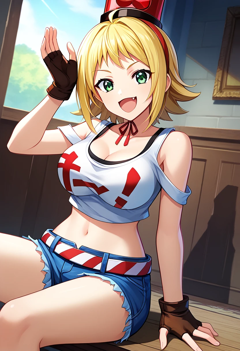 score_9, score_8_up, score_7_up, BREAK source_anime, best quality, masterpiece,very aesthetic, zPDXL2,official art,detailed_eyes,1girl, solo,
patoranran, blonde hair, flipped_hair, short hair, green eyes, large breasts, fang, teenager
top hat, object on head, hairband, breasts, cleavage, tank top, belt, fingerless gloves, navel, midriff, crop top, denim, denim shorts, sneakers
<lora:patoranran_pony_v1:1> 
( sitting:1.3),(dynamic pose),
smile, open mouth,  
looking at viewer,(cowboy shot,:1.5 ),
indoors, (mahjong)