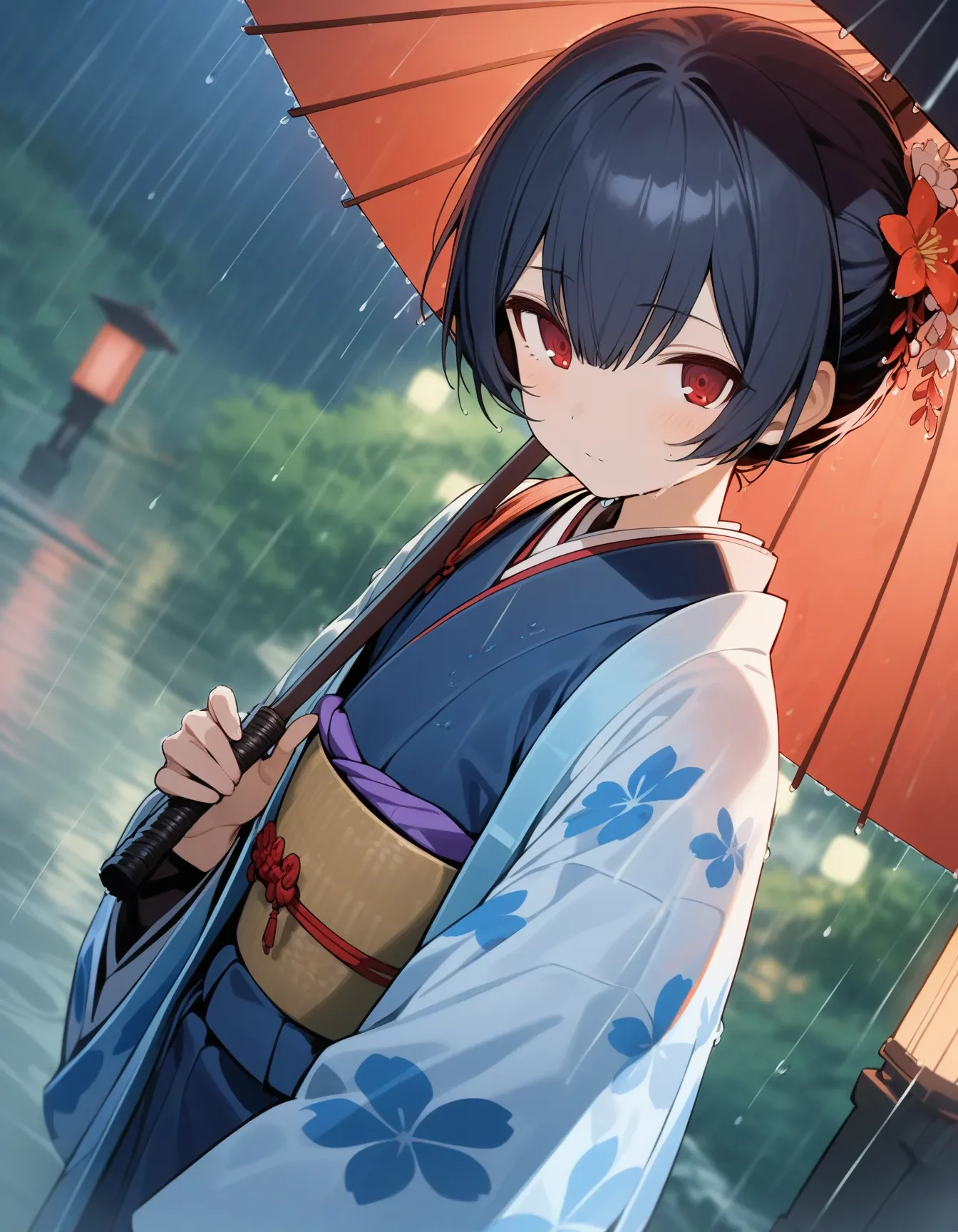 r_morino, 1girl, solo, red eyes, short hair, black hair, blue hair, bangs, hair between eyes, (flat chest:1.2), blue kimono,blush,character name,closed mouth,closed umbrella,dutch angle,flower,hair flower,hair ornament,haori,holding,holding umbrella,japanese clothes,kimono,lights,long sleeves,looking at viewer,obi,outdoors,rain,sash,sidelocks,solo,standing,umbrella,upper body,wide sleeves,rain,rainy,squall,wet,
masterpiece, best quality, very aesthetic, absurdres
 <lora:r_morinoXL_animagine:1>