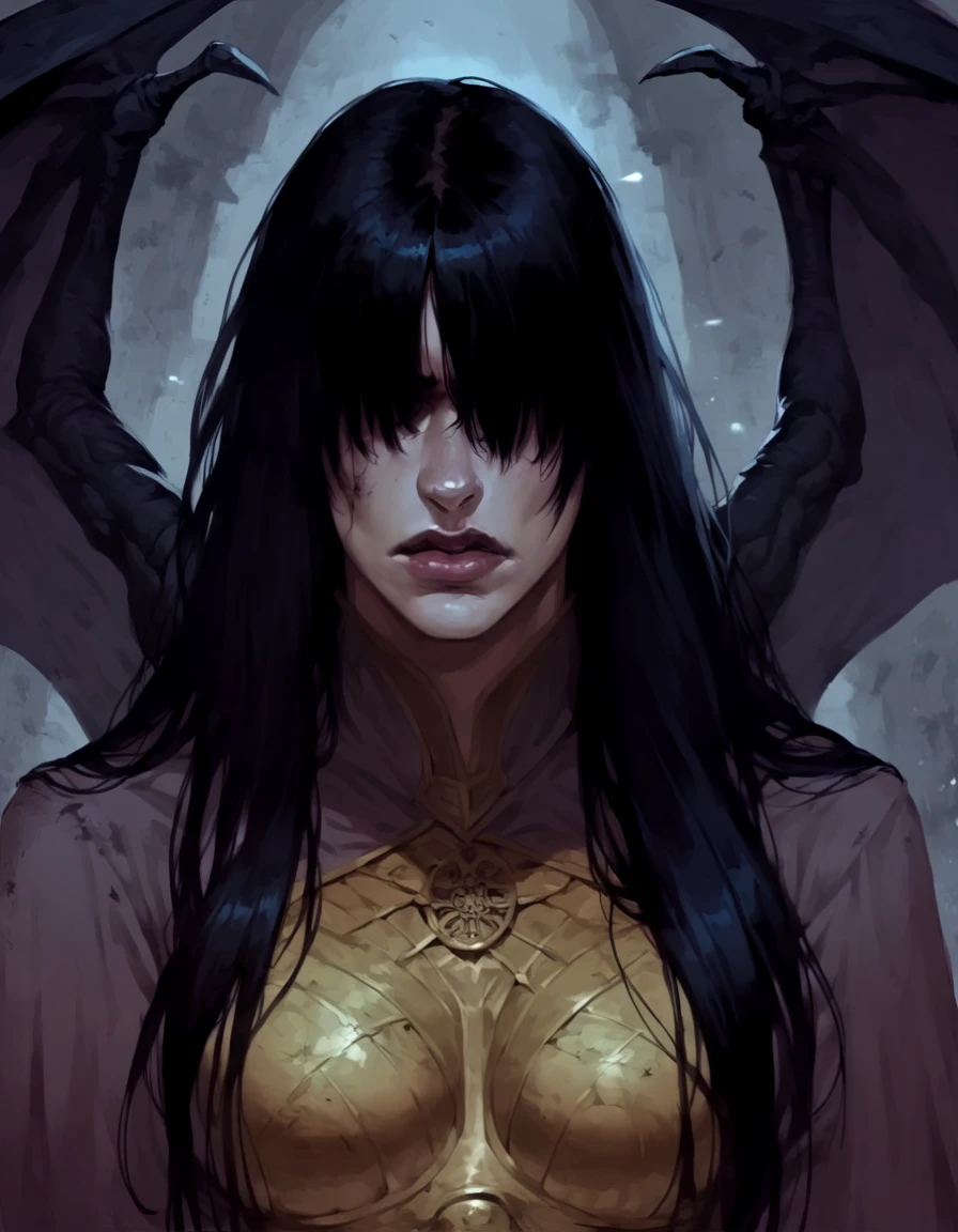 score_9, score_8_up, score_7_up, BREAK, 

1girl, portrait, upper body, <lora:Belcarra.safetensors:1.0>, belcarra, long hair, black hair, straight hair, bangs, hair over eyes, vampire wings, dramatic lights, looking at viewer, realistic, scary, intimidating, <lora:Belcarra.safetensors:1.0>, front_view, goth, eerie, closed mouth, evil yellow metal armor, BREAK, purple cape, 