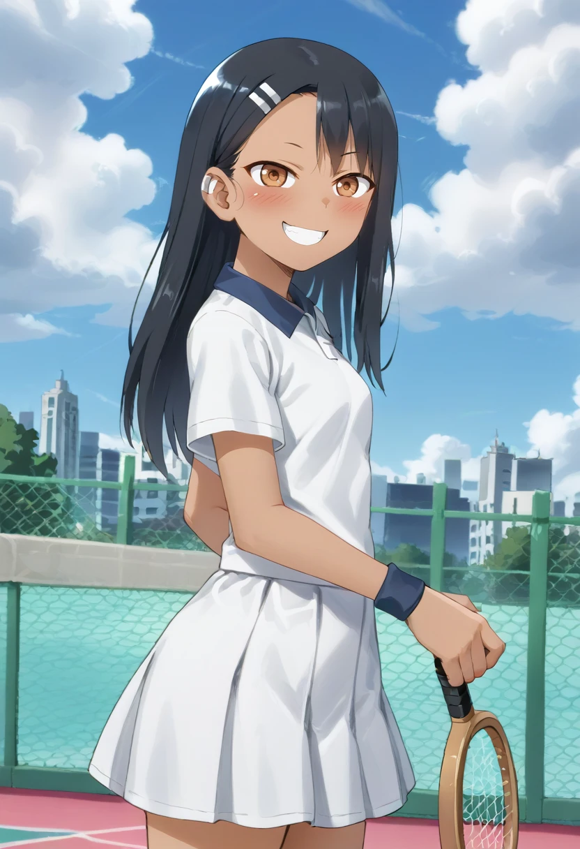 Nagatoro Hayase  , solo, standing, from side, looking at viewer, tennis uniform, holding tennis racket, smile, blush, outdoors, tennis court, clouds, fence, city<lora:FFA:1>